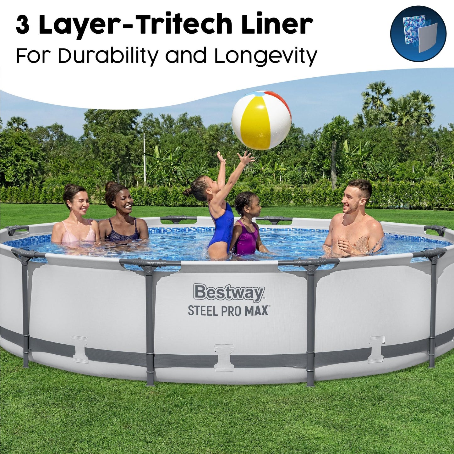 Bestway MAX Steel Pro Round Frame Swimming Pool with Filter Pump, Grey, 10 ft, Multicolour