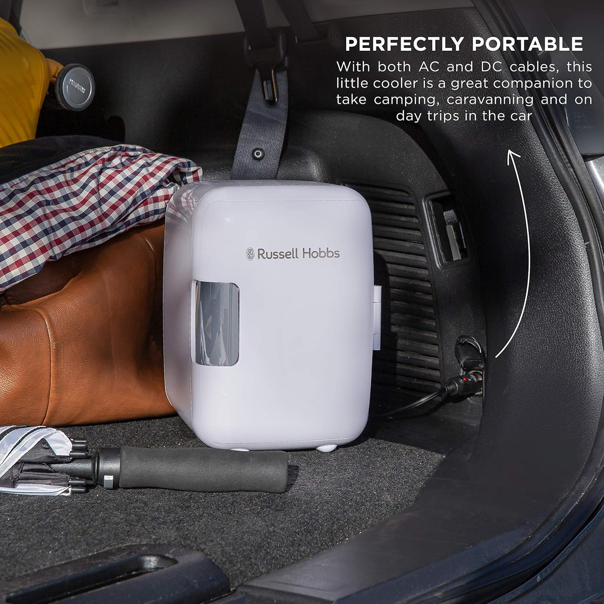 Russell Hobbs RH4CLR1001 4L/6 Can Portable Mini Cooler & Warmer for Drinks, Cosmetics/Makeup/Skincare, AC/DC Power, Retro Style, White, For Bedroom, Home, Caravan, Car
