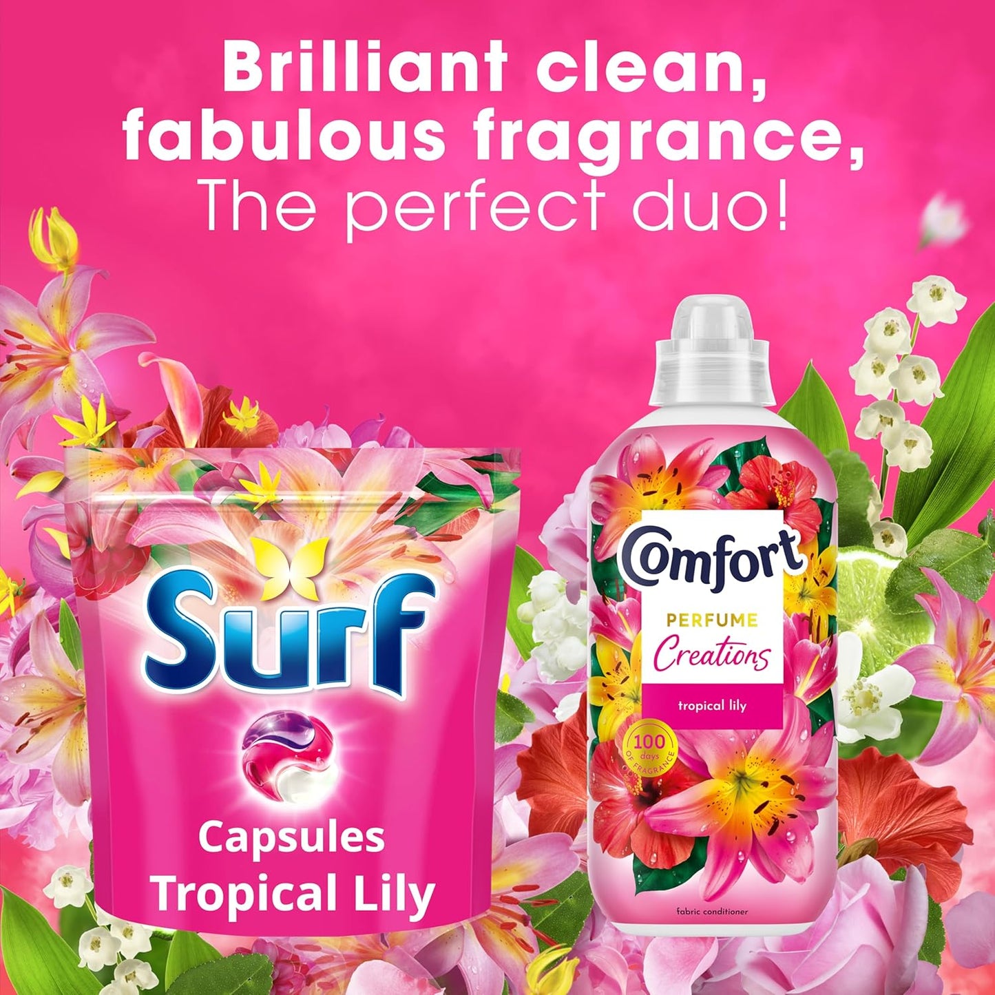 Surf 3 in 1 Tropical Lily Laundry Washing Detergent Capsules joy-infused fragrance with natural essential oils lasting up to 12 hours in wear for brilliantly clean results 60 washes