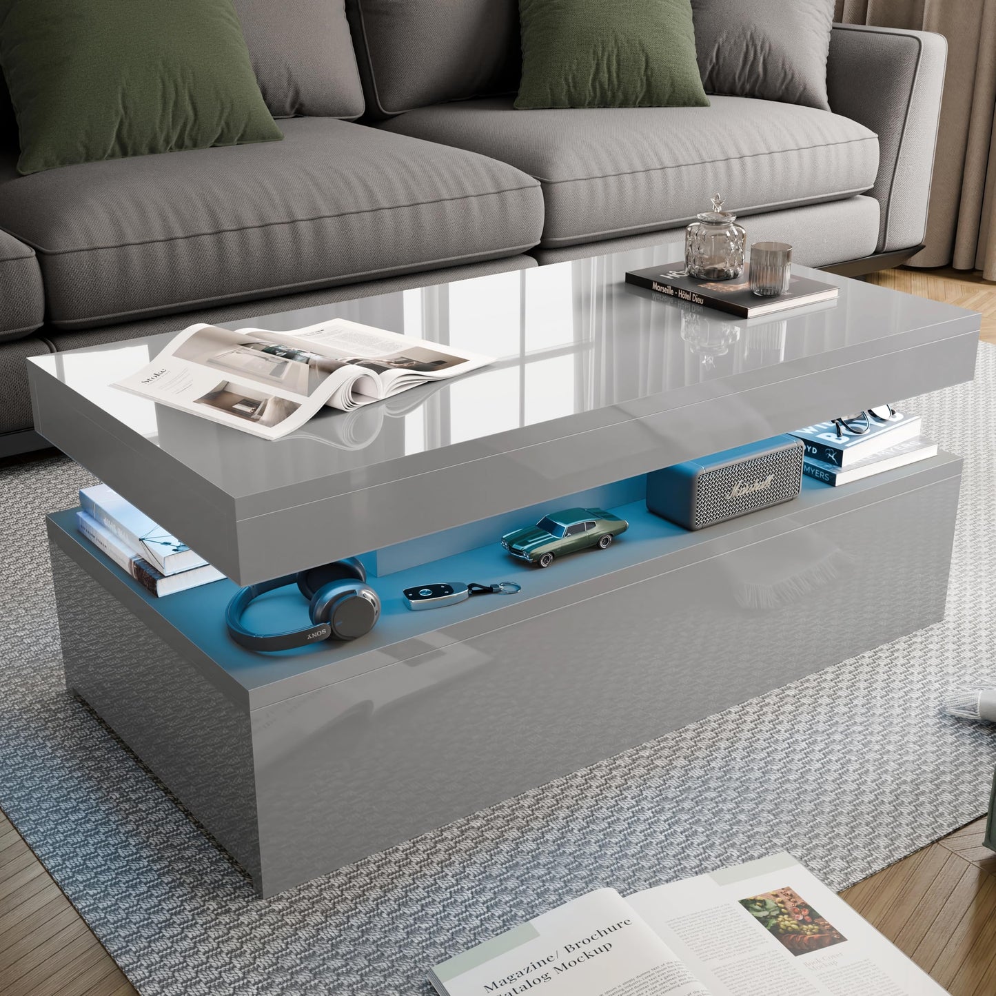 Blisswood High Gloss Coffee Table for Living Room, Rectangle Centre Table with 2 Drawer Storage, Modern Wooden Tea Table with LED RGB Lights for Home, Office & Living Room Furniture - White