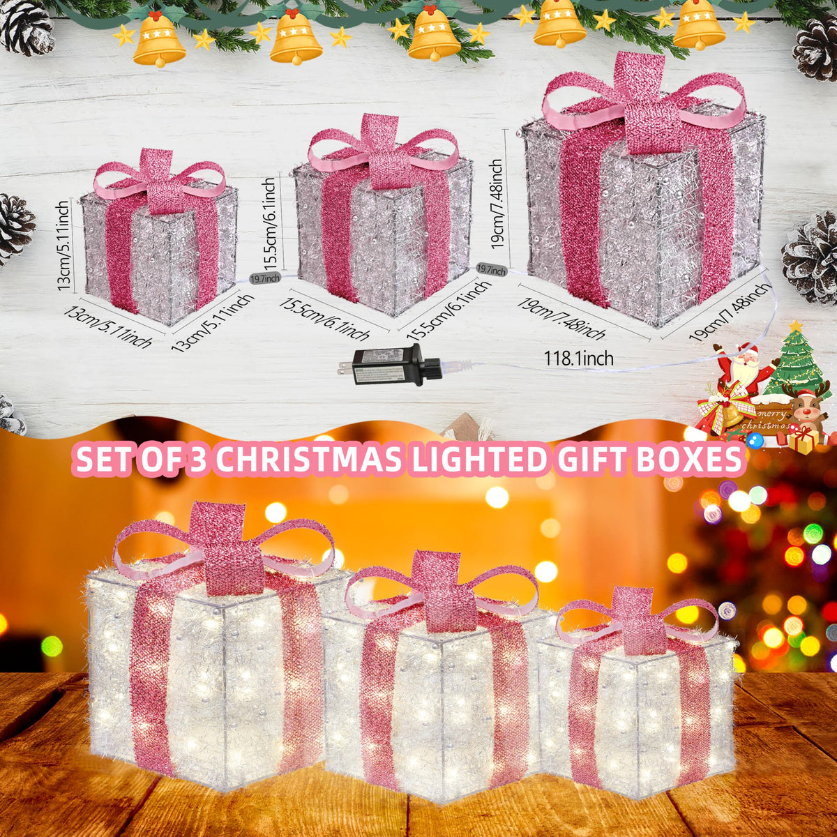 Set of 3 Blue Lighted Boxes, Silver Bows, Christmas Decor Indoor/Outdoor