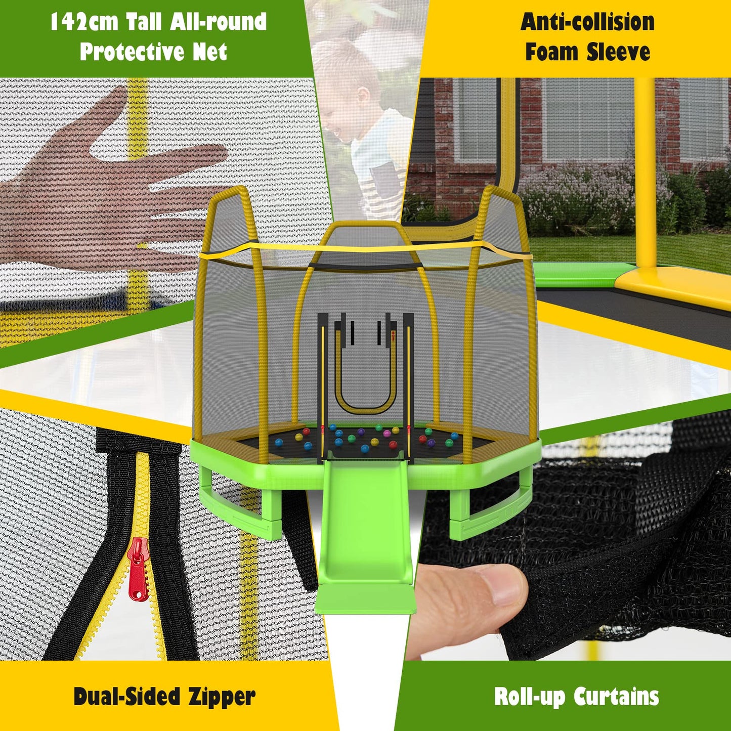 COSTWAY 7ft Kids Trampoline, Hexagonal Trampolines with Slide, Ladder, Safety Enclosure Net and Ocean Balls, Toddler Jumping House for Indoor Outdoor