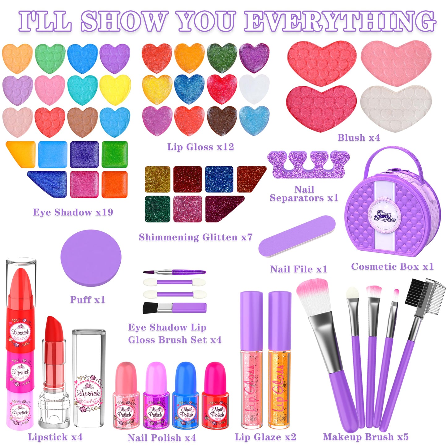 66 Pcs Kids Makeup Sets For Girls with Portable Stand,Make Up Starter Kit Children Princess Pretend Play Games Toys Presents,Little Girl Birthday Gifts Set For Age 3 4 5 6 7 8 9 10 11 12 Years Old