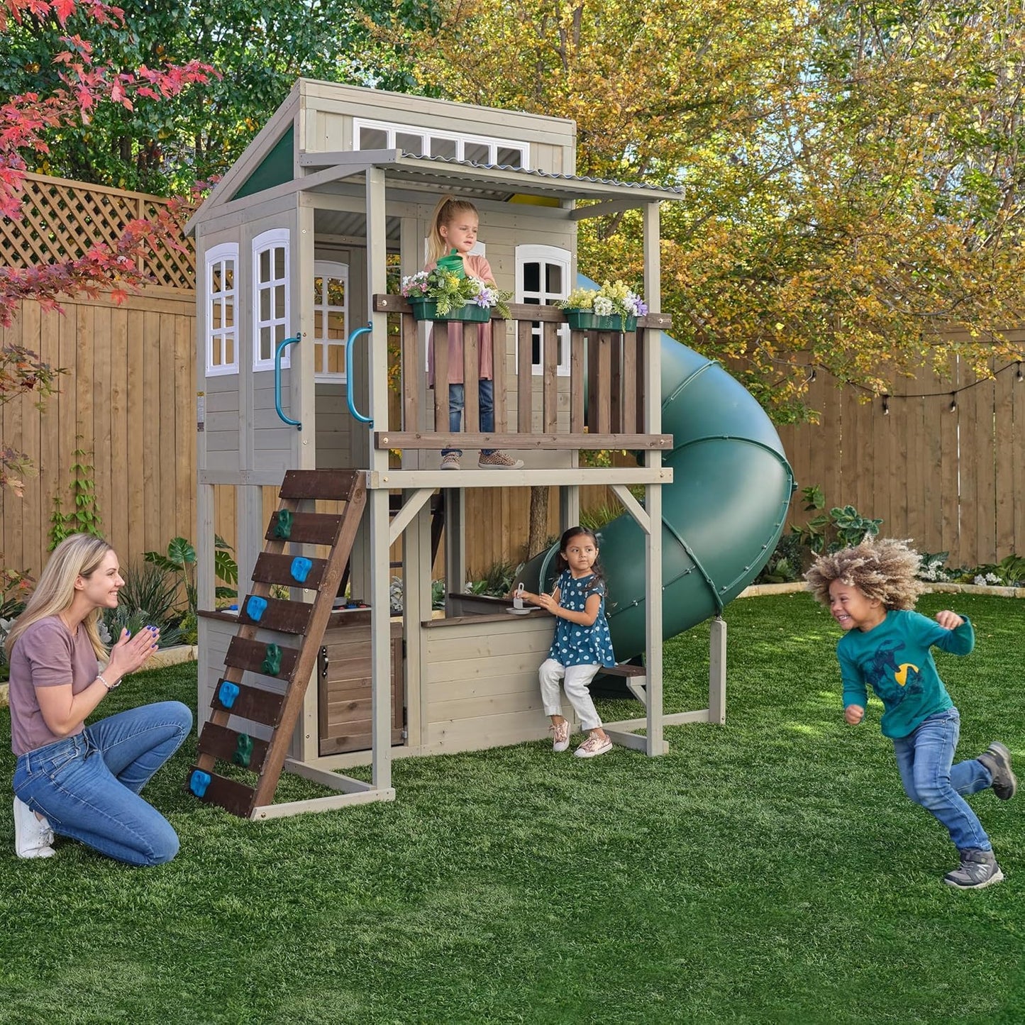 KidKraft Wooden Playhouse with Tube Slide – 2 Storey Outdoor Playground for Kids, Climbing Frame with Turbo Tube Slide & Rock Wall, Garden Play Tower