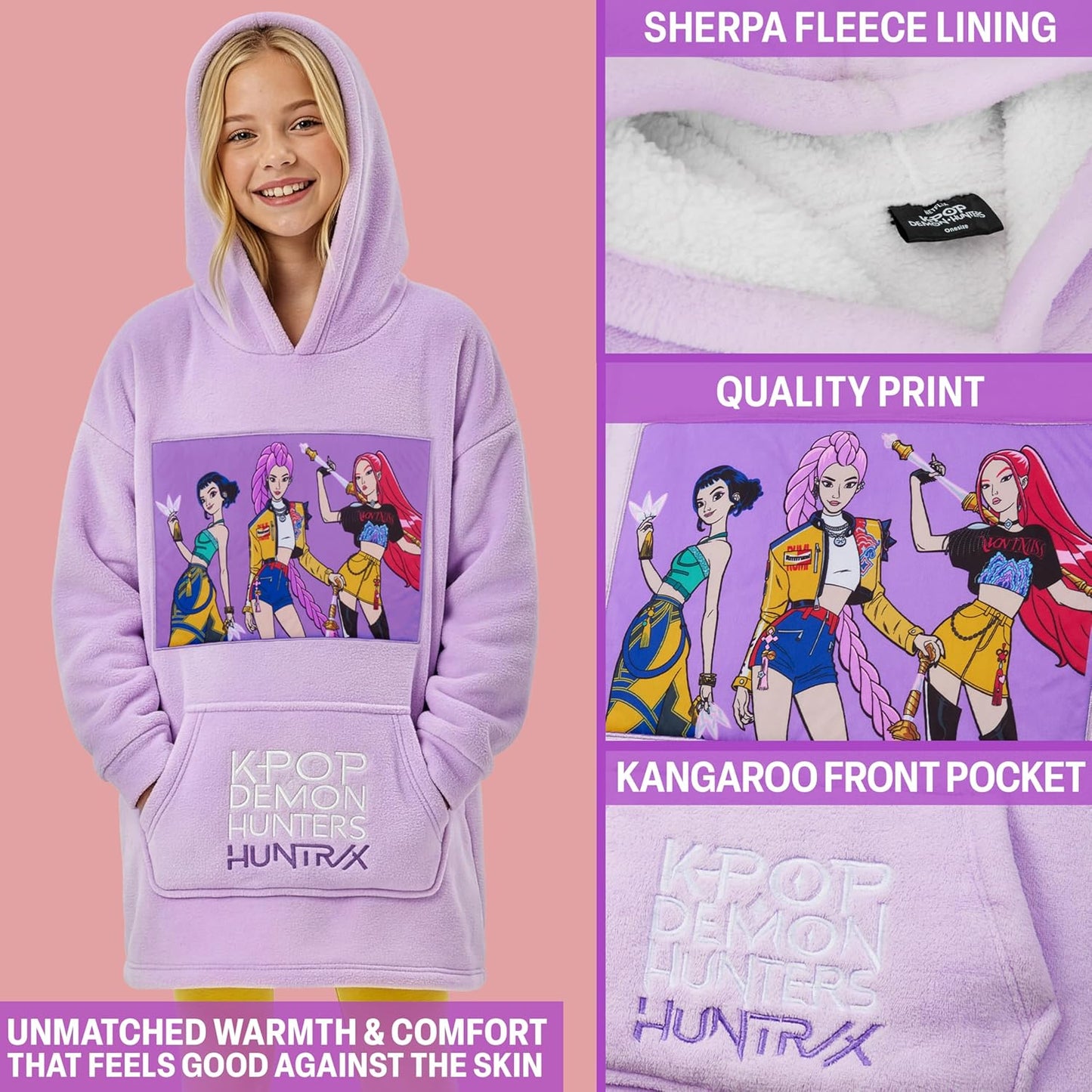 KPop Demon Hunters Official Huntrix Oversized Hoodie for Girls 6-14 Yrs, Sherpa Fleece Hooded Jumper, Rumi Mira Zoey Gifts Light Purple