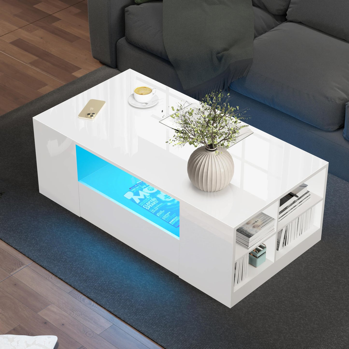 Blisswood Led Coffee Table with 2 Drawer Storage, High Gloss Coffee Table for Living Room Wooden Centre Table with RGB Led Lights Rectangle Tea Table for Living Room Furniture, Black
