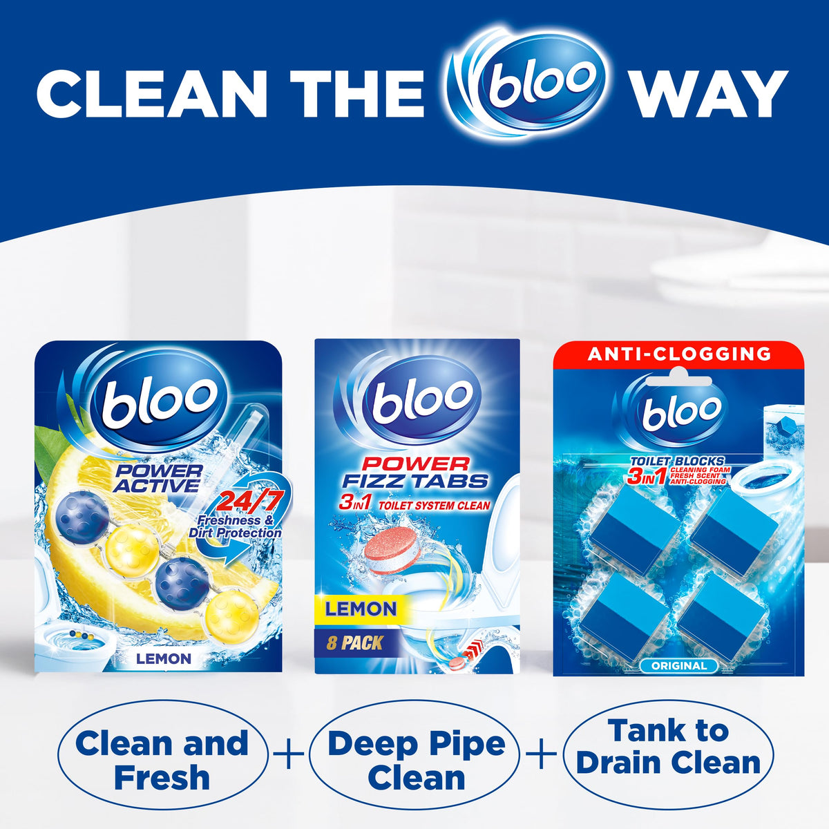 Bloo New 3in1 Toilet Blocks, Pack of 2, Toilet Limescale Remover Cistern Block, Toilet Cleaner Block with Cleaning and Foaming Action, Toilet Fresheners - Limescale Prevention