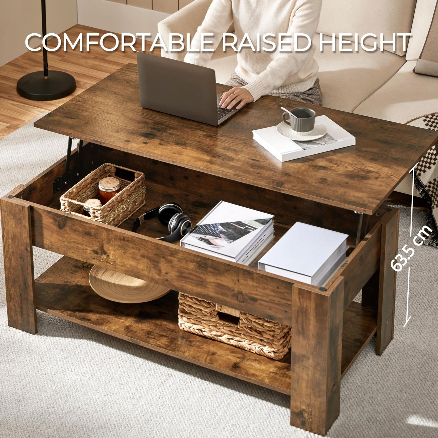 Yaheetech Lift Up Coffee Table, Wooden Lifting Coffee Table with Hidden Storage Drawer and Open Shelf, Space-saving Tea Tables for Living Room/Reception, Espresso