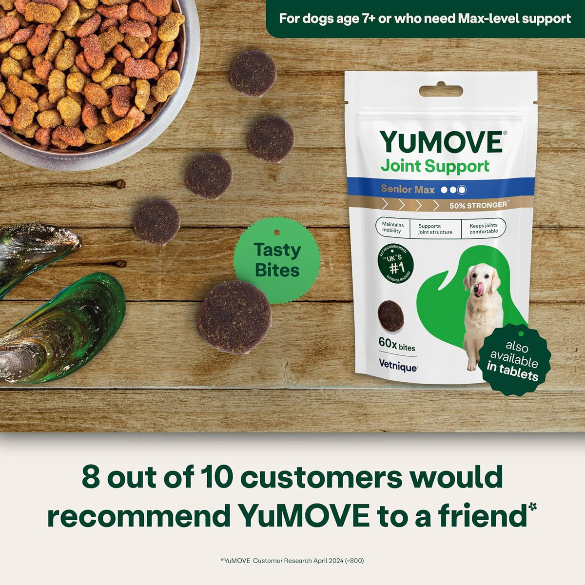 YuMOVE Max Strength Joint Supplement, Hip & Joint Aid with Glucosamine, Chondroitin, Green Lipped Mussel, Aged 8+, 60 Chews | Unflavoured