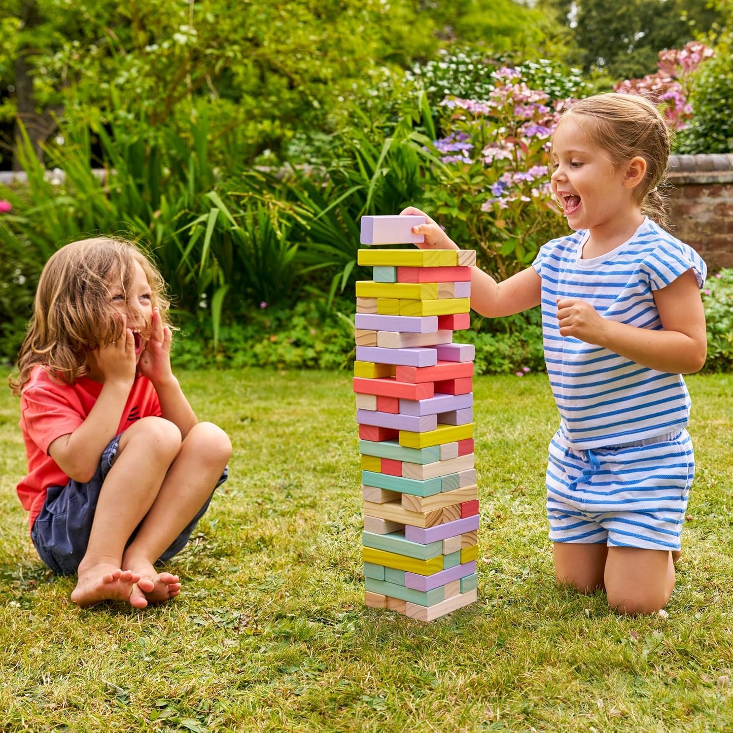 TP Toys Giant Wooden Tumble Tower FSC Certified Classic Tumbling Game with 60 Pastel Blocks & Matching Dice for Family Indoor & Outdoor Fun, Wood
