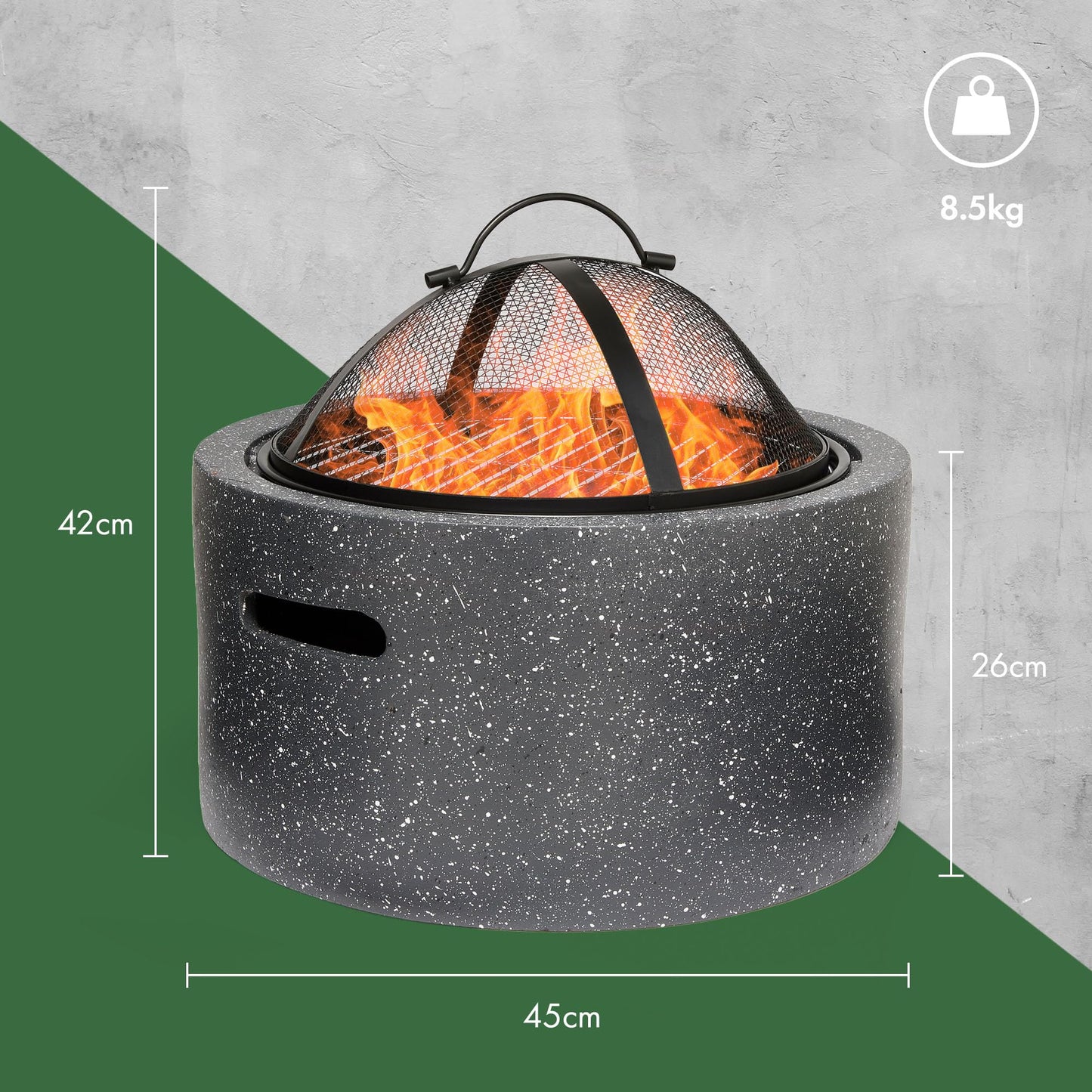 VonHaus Fire Pit – 2 in 1 Firepit with BBQ Cooking Grill for Outdoor, Garden, Patio – MgO Material, Stone Effect Finish, Fire Poker & Mesh Cover Included, Carry Handles – Use Wood or Charcoal to Fuel