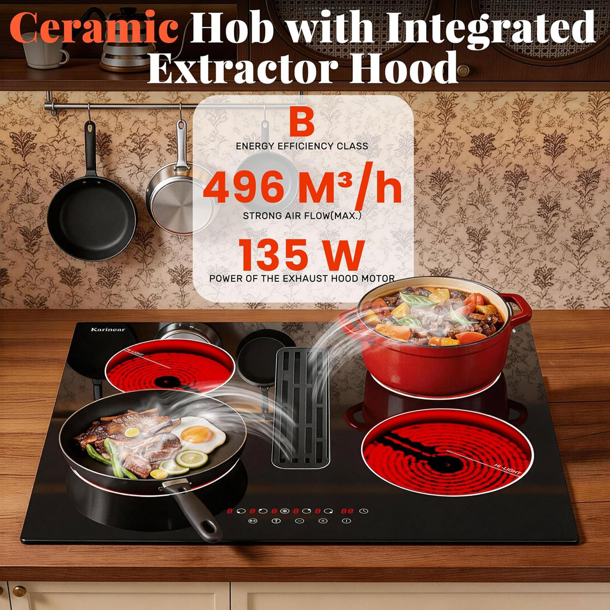 Karinear Electric Ceramic Hob 60cm 4 Zones with Built-in Extractor Hood