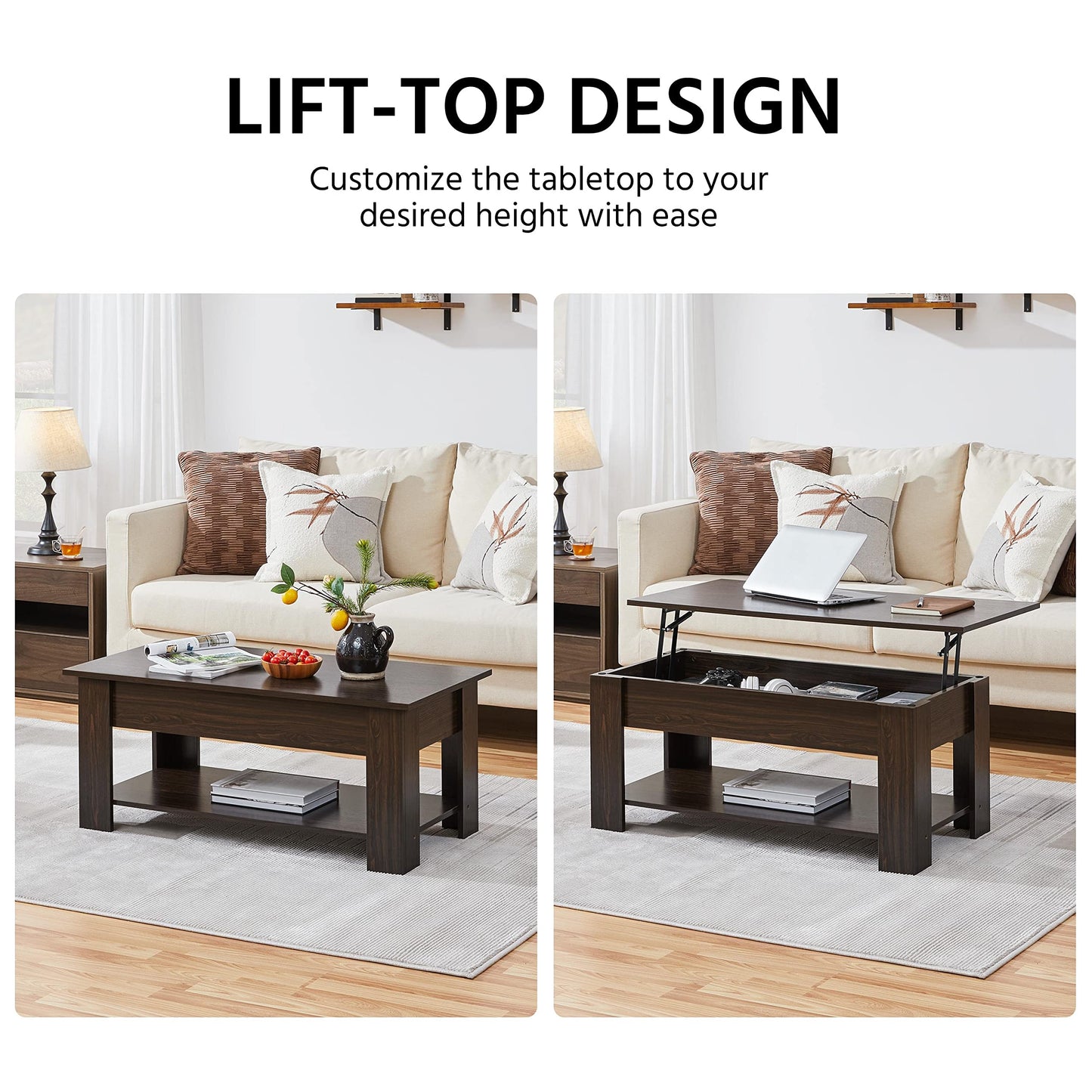 Yaheetech Lift Up Coffee Table, Wooden Lifting Coffee Table with Hidden Storage Drawer and Open Shelf, Space-saving Tea Tables for Living Room/Reception, Espresso