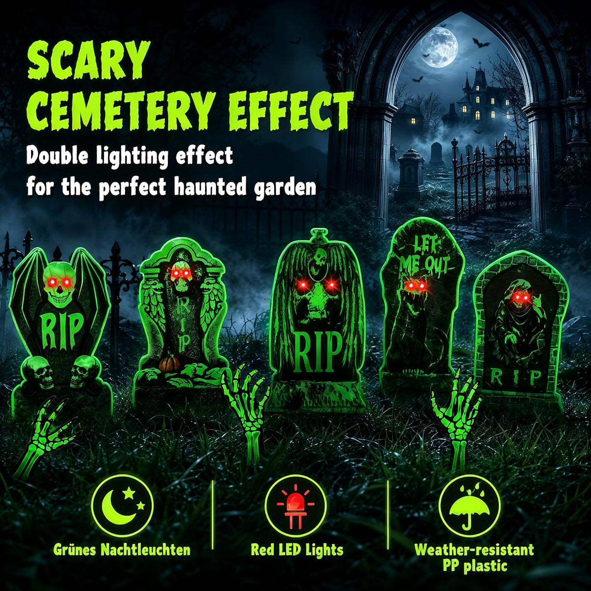 10 Pack Halloween Yard Signs, Fluorescent Skeleton Hands and Tombstones