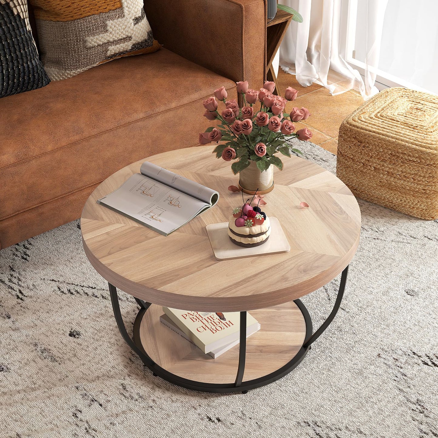 COSTWAY 2-Tier Round Coffee Table with Storage Shelf, Metal Frame Industrial Accent Cocktail Center Unit Sofa Side Tea Table for Living Room, Bedroom and Office, 80x80x45cm (Rustic Brown+Black)