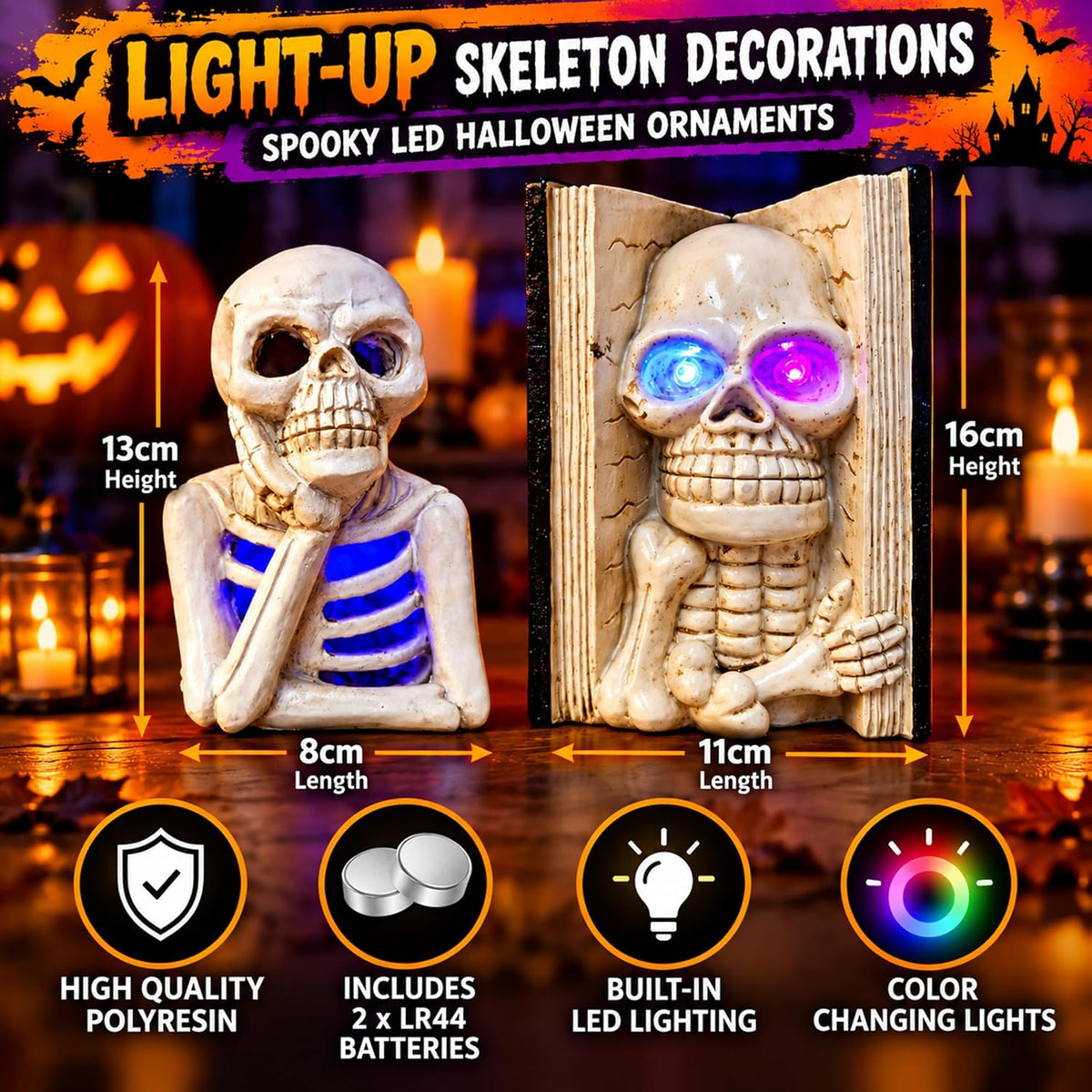 Skull Halloween Decorations Set – 3-Piece Skeleton Halloween Ornaments Collection - Large Skull, Thinking Skeleton & Skeleton Bookend for Halloween Table Decorations, Shelf, Desk & Displays