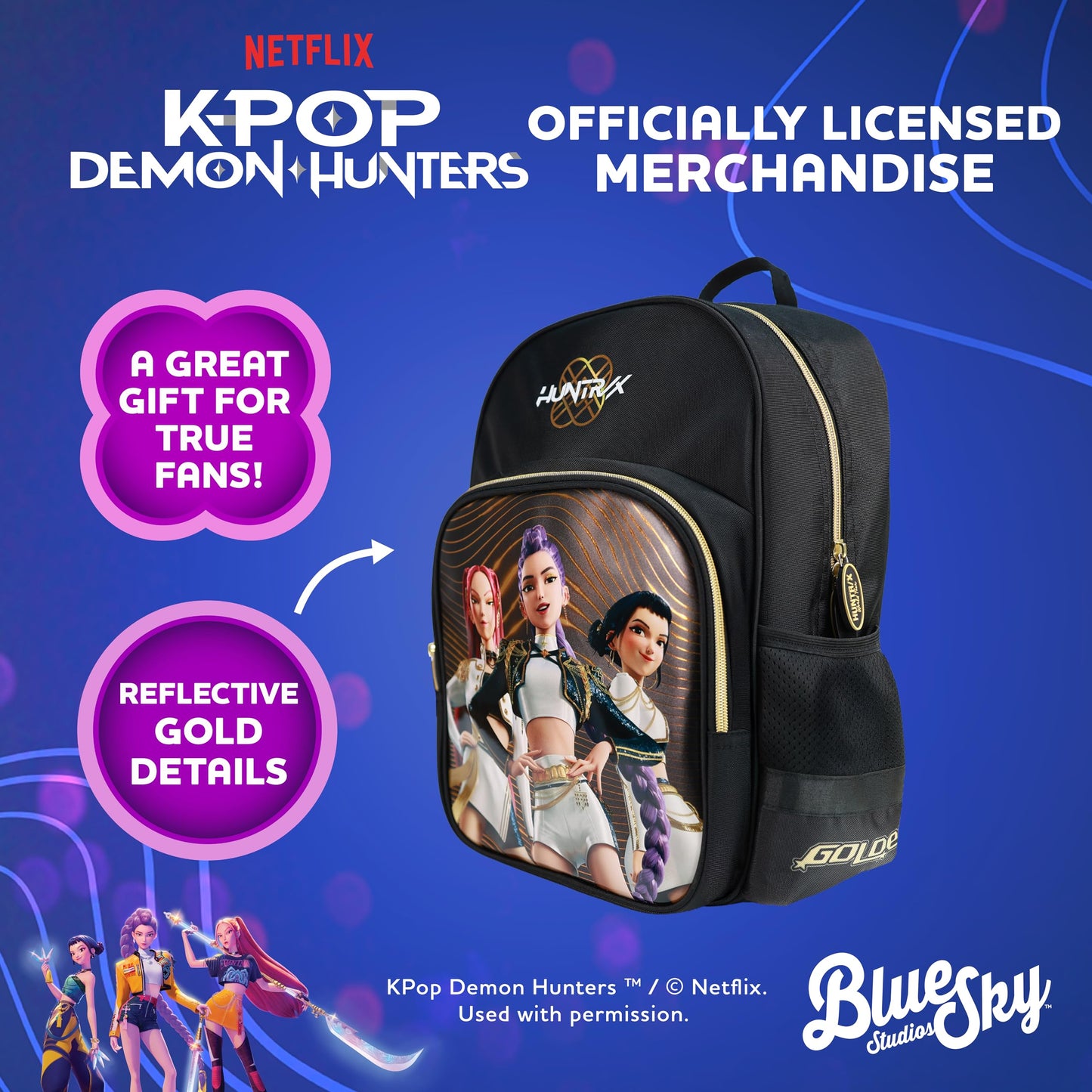 Blue Sky Studios KPop Demon Hunters HUNTR/X Backpack - Official Merchandise - Lightweight Kids School Bag with Padded Straps, Front Pocket & Silver Holographic Details - 36cm K-Pop Purple Rucksack
