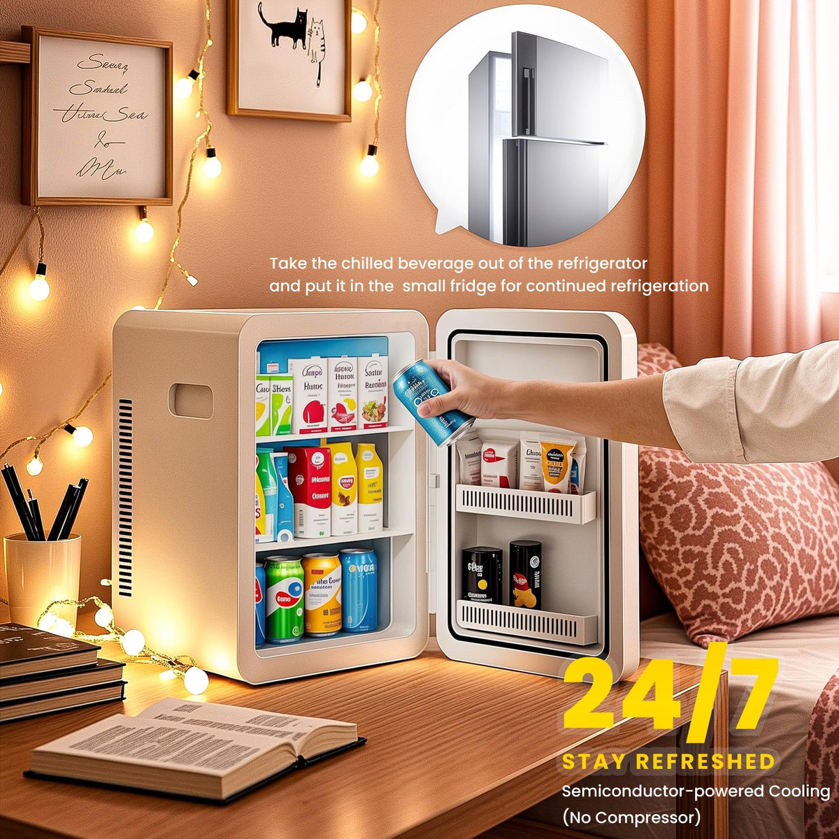 Mini Fridge 22L/30 Cans, Cooler & Warmer for Bedroom, AC & 12V DC