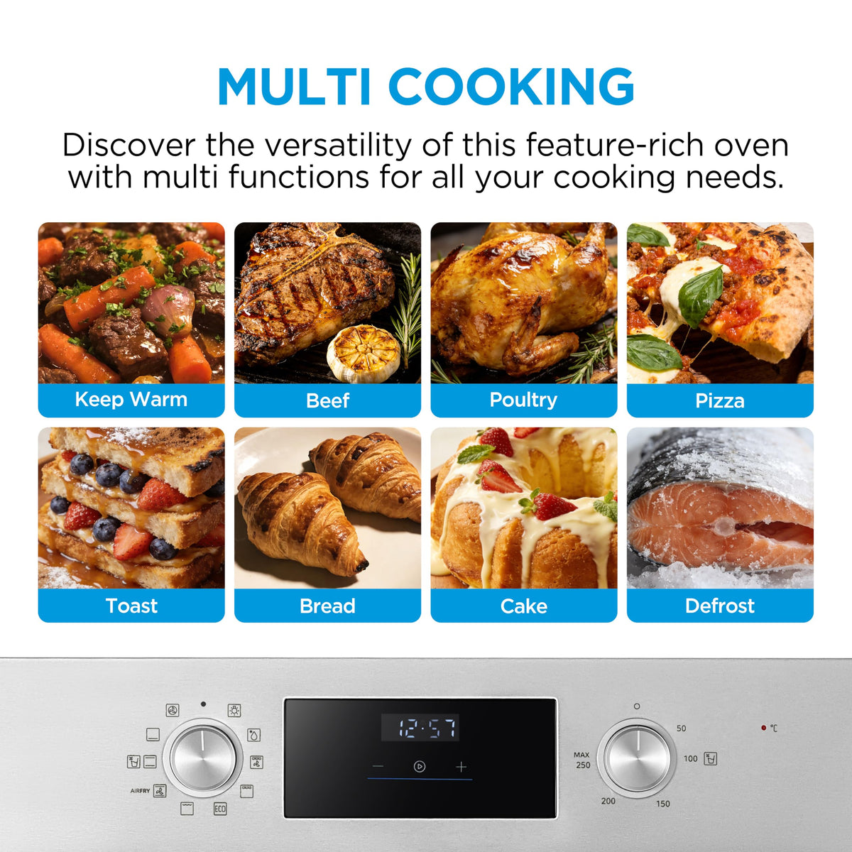 Midea 71L, 60cm Wide, Single Electric Built-in Fan Oven with Air Fry, 12 Oven Functions, Aqua Clean, LED Display, Convection, ECO, MultiLevel Cooking, Color Black - MBO65M90D2-BK