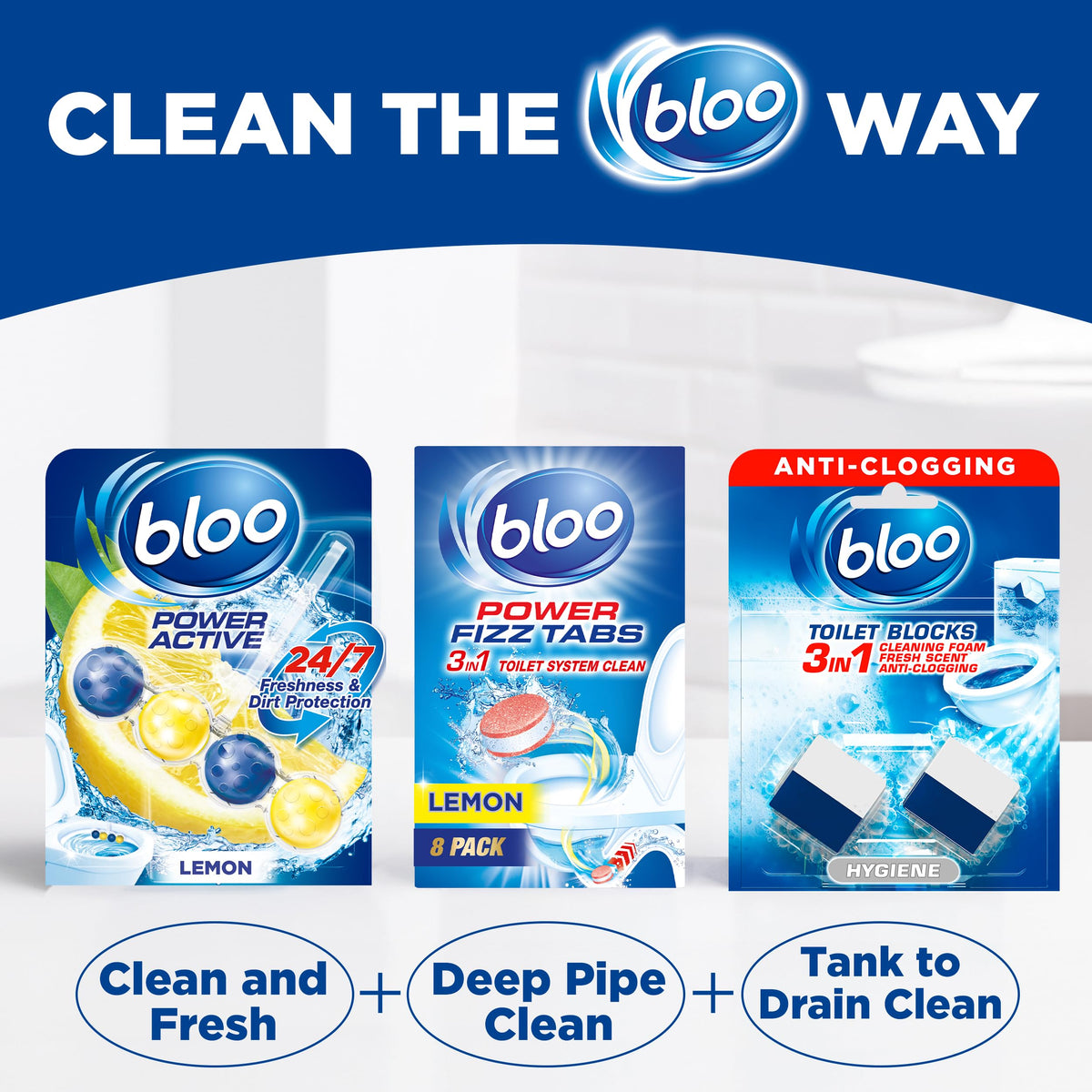 Bloo New 3in1 Toilet Blocks, Pack of 2, Toilet Limescale Remover Cistern Block, Toilet Cleaner Block with Cleaning and Foaming Action, Toilet Fresheners - Limescale Prevention