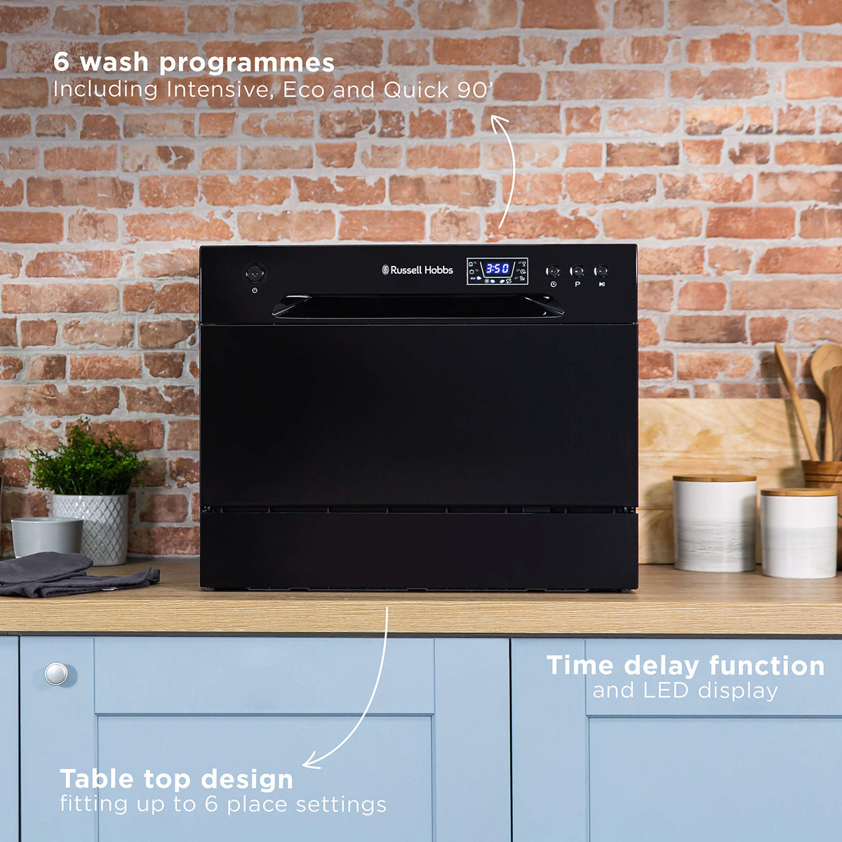 Russell Hobbs Table Top Dishwasher Compact Mini with 6 Place Settings, LED Display, Button Control, 6 Programmes, Portable & Efficient, 24hr Timer, Rinse & Eco Mode in White, RH6TTDW0D1W