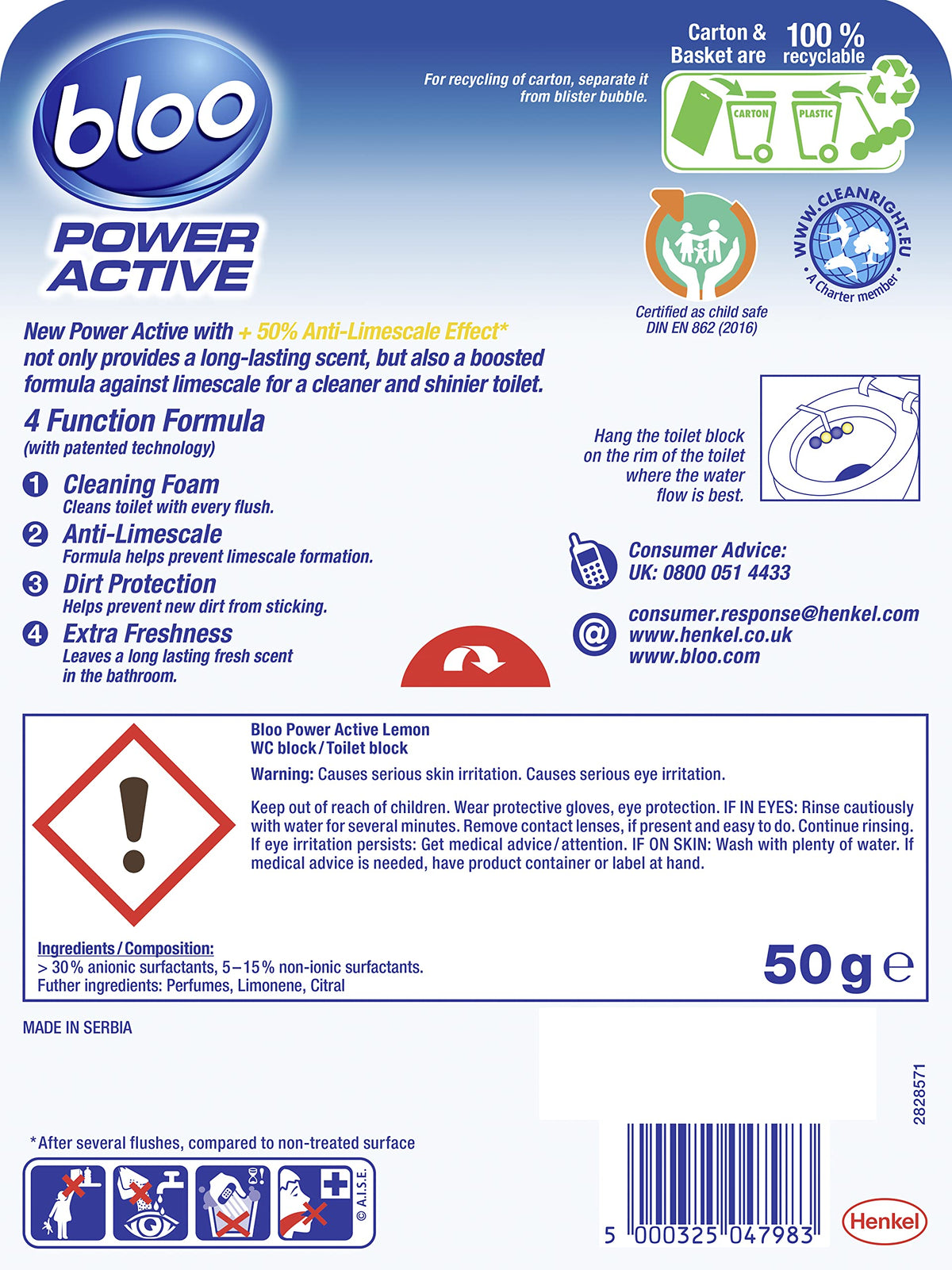 Bloo Power Active Toilet Rim Block & Freshener, Fresh Flowers, Pack of 1