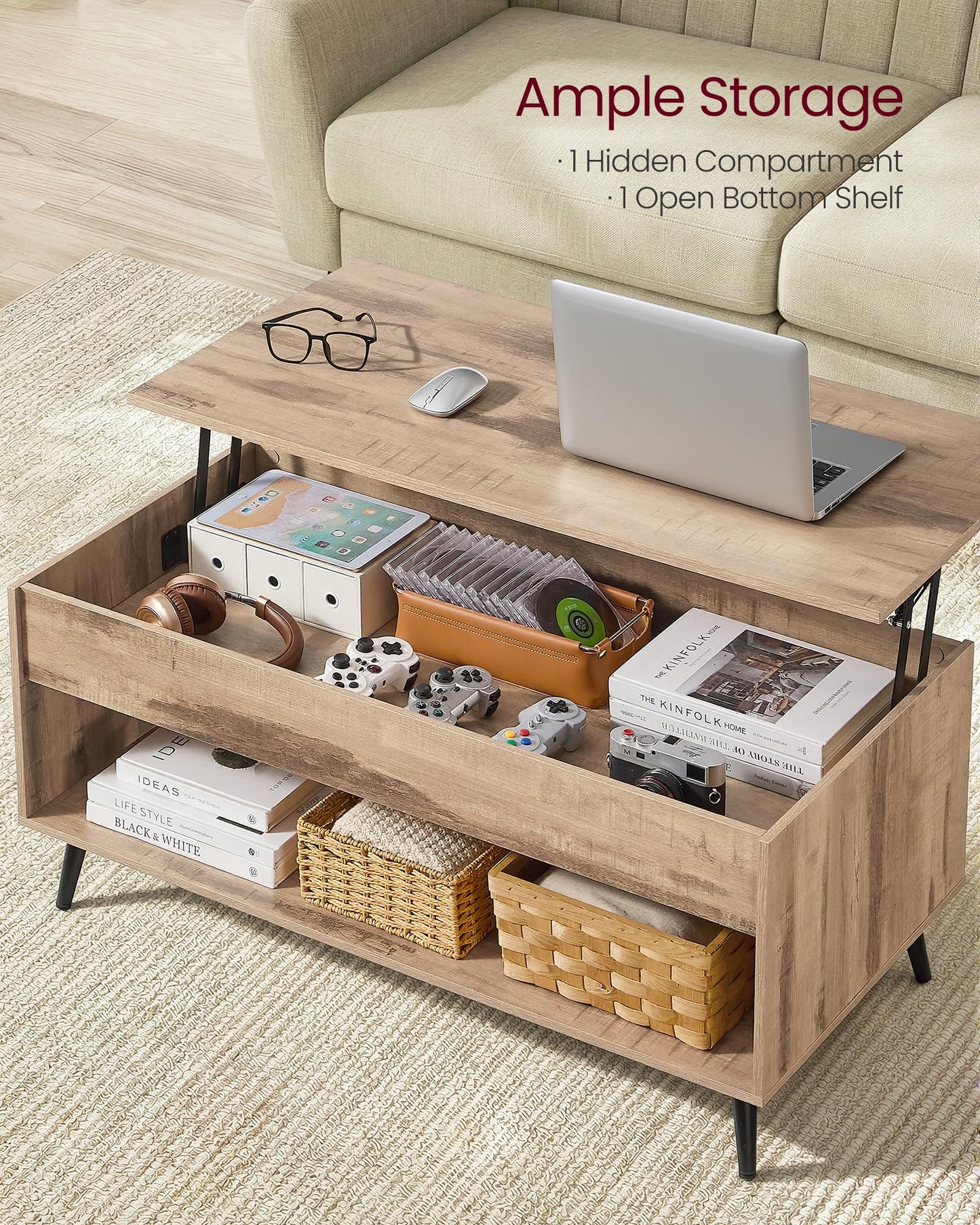 VASAGLE Lift Top Coffee Table, Lift Tabletop Dining Table, Gas Spring, Hidden Compartment, Open Storage Shelf, for Living Room, Home Office, Rustic Brown and Matte Black LCT267KD01