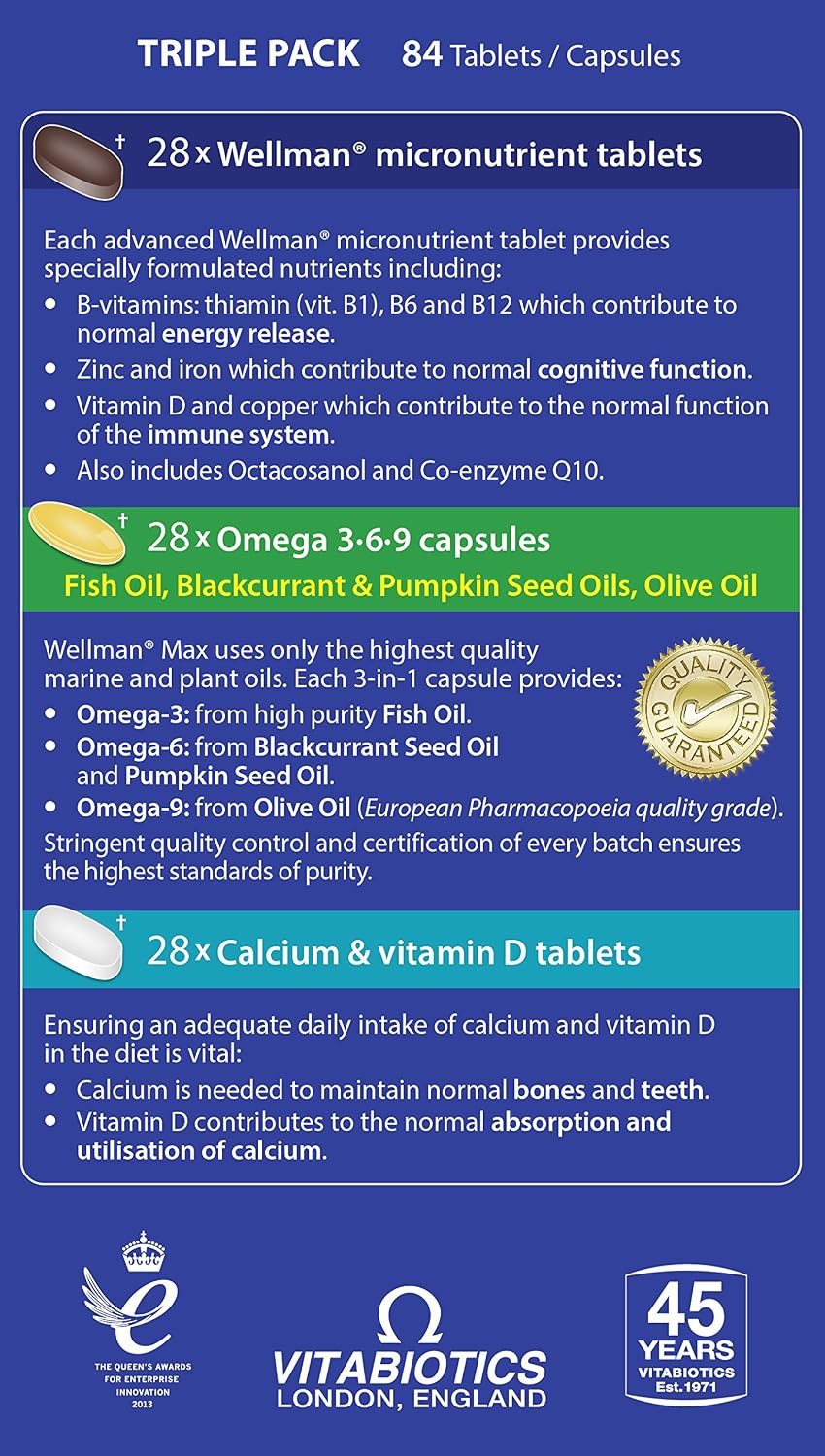 Wellman Max - Multivitamin Tablets for Men Formula Mix with Maximum Support for Energy, Immune System, Testosterone Level, Bone, Brain,Heart and Vision Health,