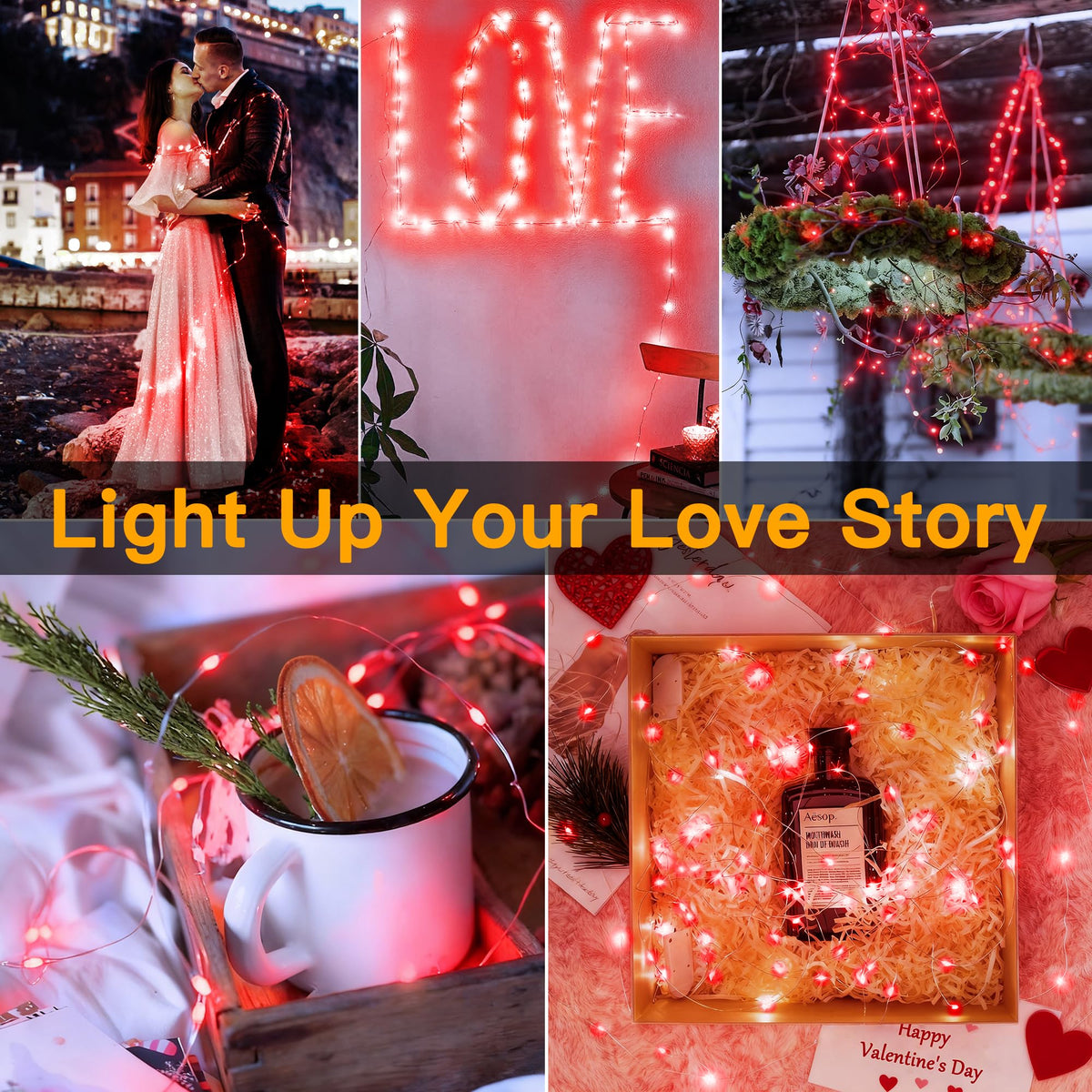 Ollny 10m 100LED Red Fairy Lights Battery Operated,Copper Wire String Light