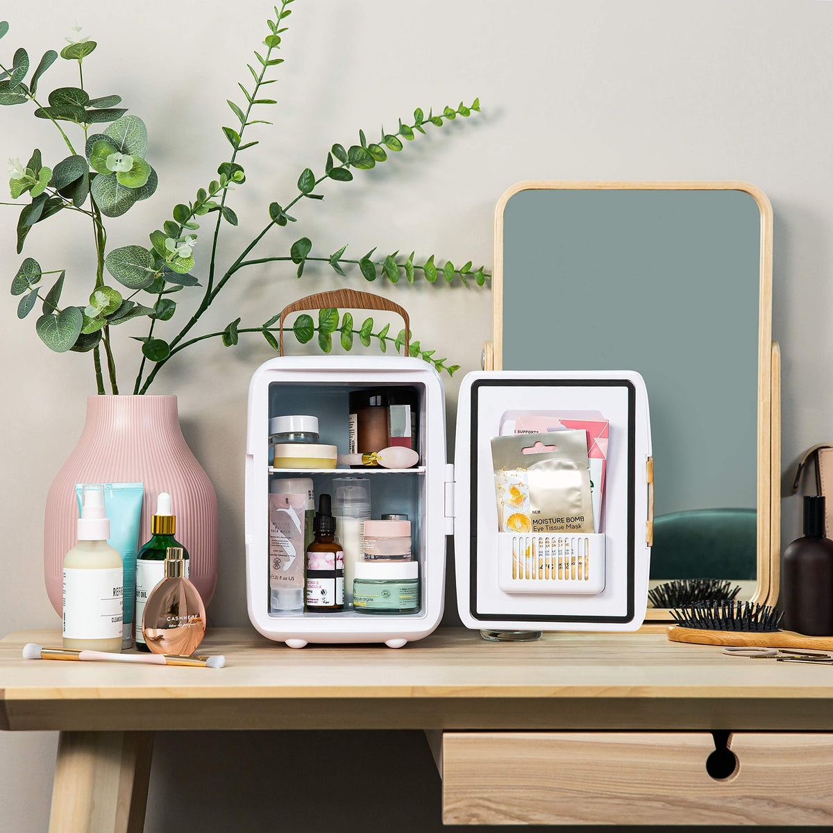 Russell Hobbs RH4CLR1001 4L/6 Can Portable Mini Cooler & Warmer for Drinks, Cosmetics/Makeup/Skincare, AC/DC Power, Retro Style, White, For Bedroom, Home, Caravan, Car