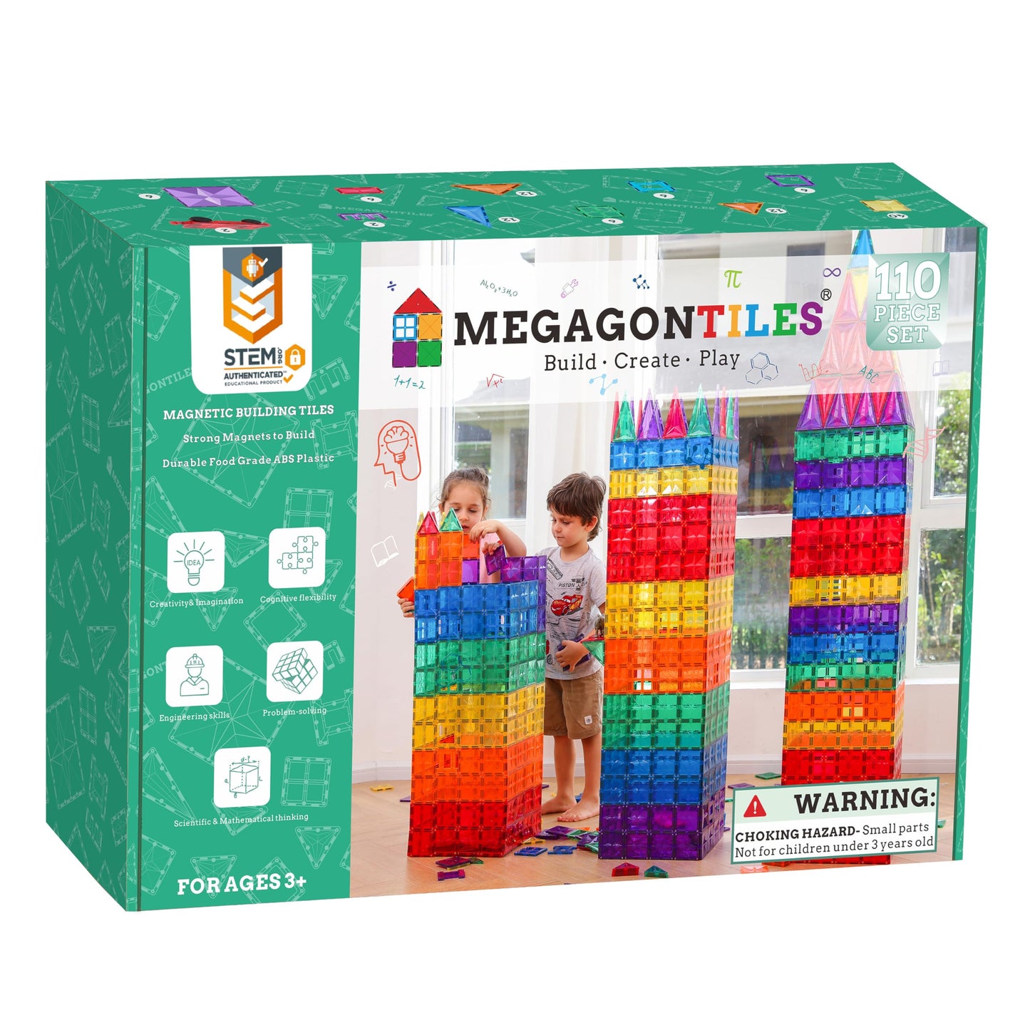 MEGAGONTILES 110PCS Premium Magnetic Tiles Set | STEM-Authenticated Magnetic Building Blocks | Educational Construction Toy for Kids Ages 3–8 (Boys & Girls)