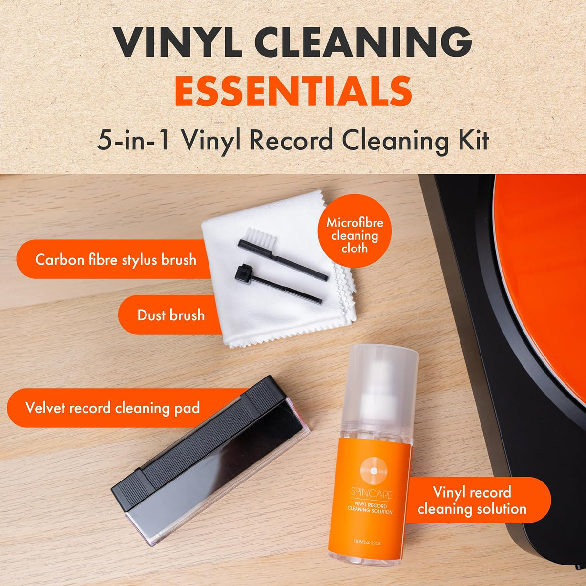 SPINCARE Vinyl Record Cleaner Kit | 5-in-1 Essentials Vinyl Cleaning Set