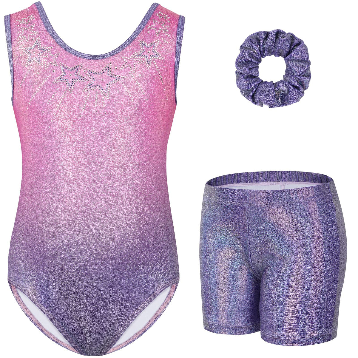 Gogokids Girls' Three-Piece Gymnastics Set, Sleeveless Leotards with Shorts and Hairband, Sparkling Ballet Dancing Unitards - Gymnastics Outfit with Gradient Color Design for 3-12 Years