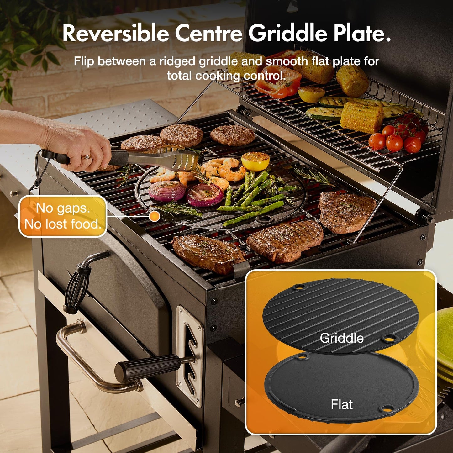 VonHaus Charcoal BBQ – XL Portable Barbecue with Warming Rack, Fold Down Shelves, Temperature Gauge, Wheels, Cooking Grill, Air Vents – 2 in 1 Barbeque and Smoker – Grill Meat, Fish & Vegetables