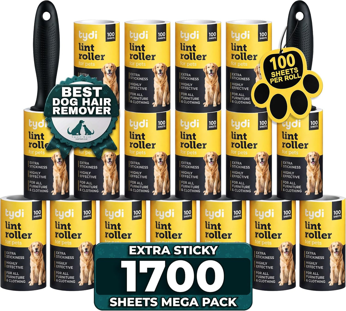 Tydi Pet Hair Lint Rollers, 1700 Sheets with 2 Handles