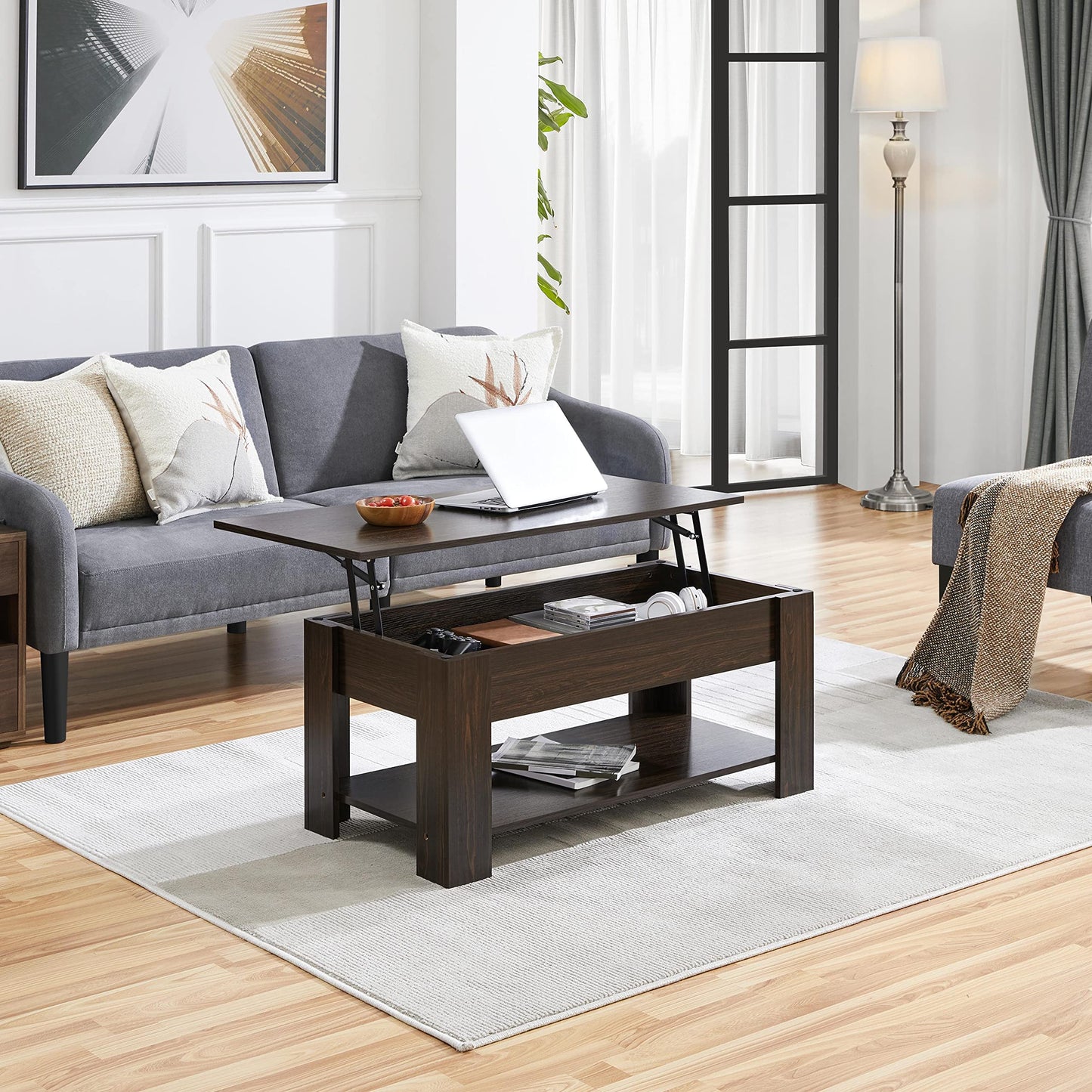Yaheetech Lift Up Coffee Table, Wooden Lifting Coffee Table with Hidden Storage Drawer and Open Shelf, Space-saving Tea Tables for Living Room/Reception, Espresso