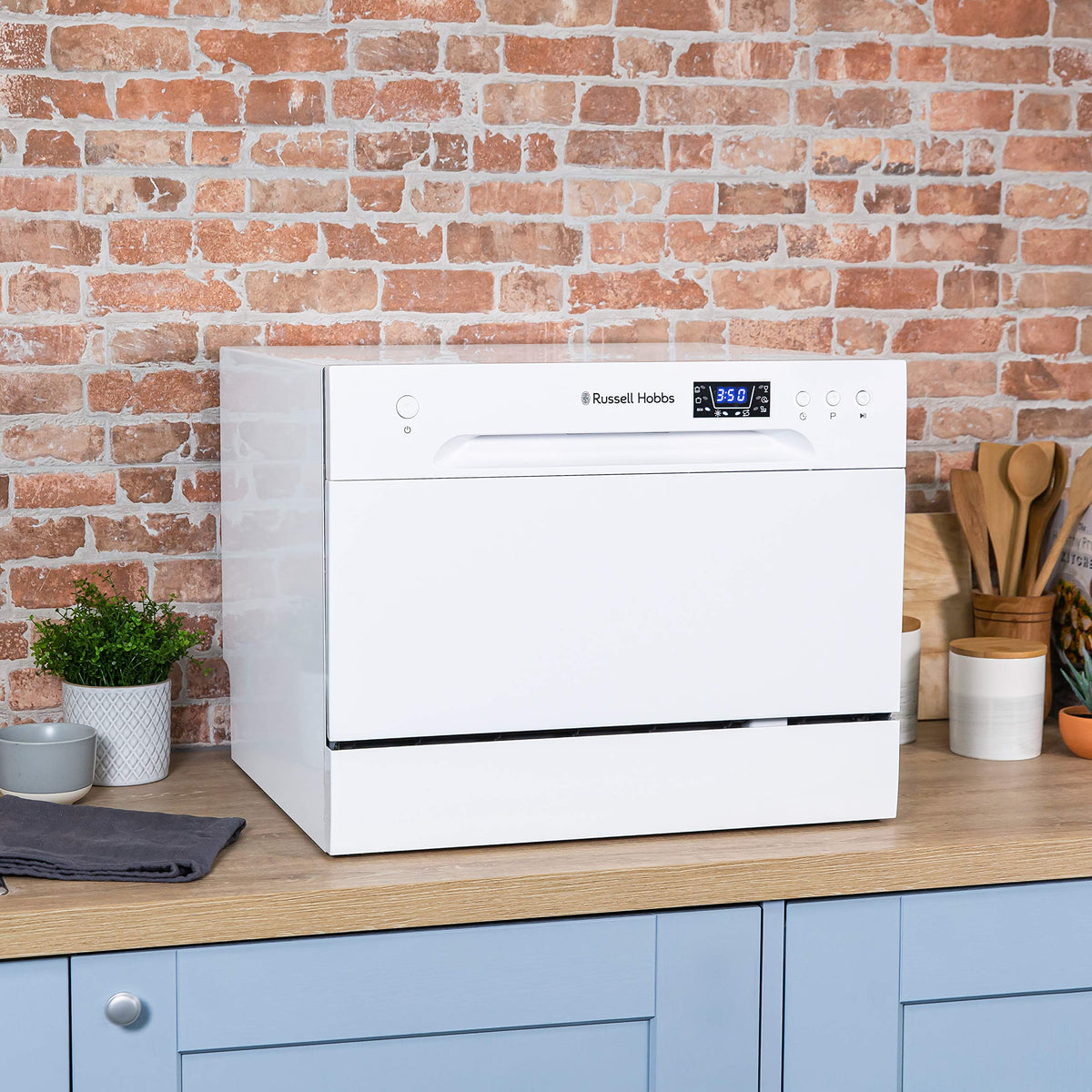 Russell Hobbs Table Top Dishwasher Compact Mini with 6 Place Settings, LED Display, Button Control, 6 Programmes, Portable & Efficient, 24hr Timer, Rinse & Eco Mode in White, RH6TTDW0D1W