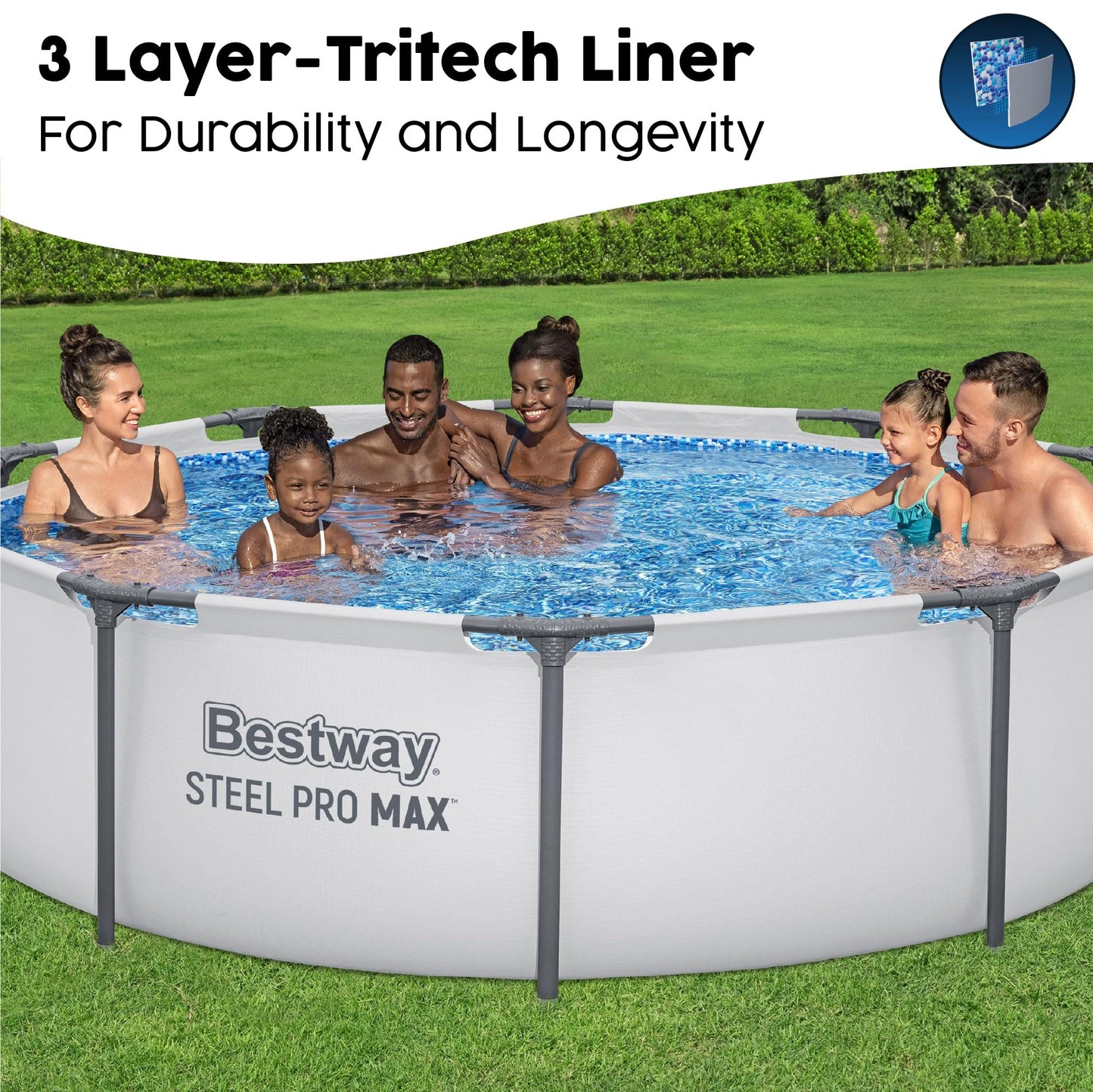Bestway MAX Steel Pro Round Frame Swimming Pool with Filter Pump, Grey, 10 ft, Multicolour