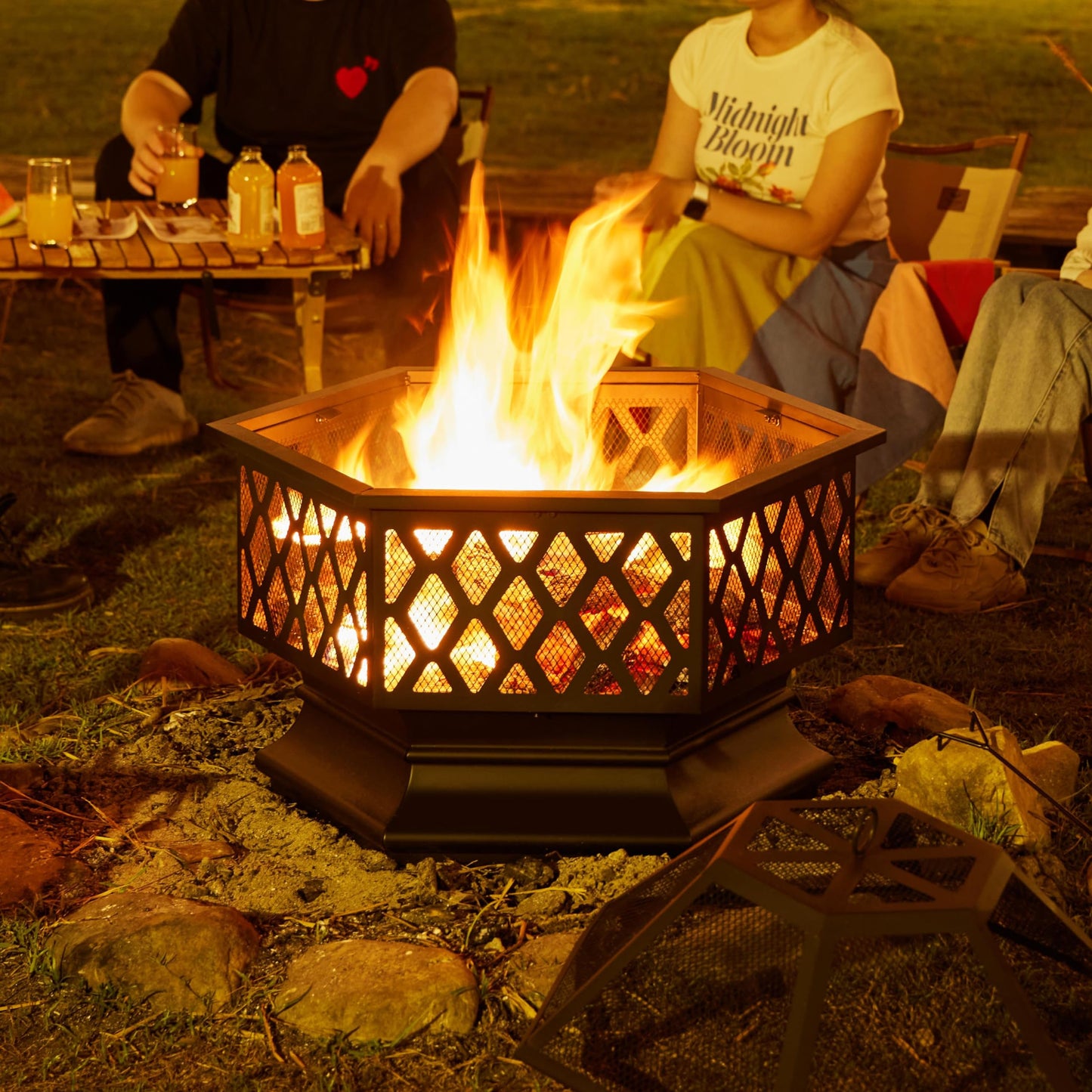 Yaheetech Fire Pit Heavy Duty Fire Bowl Large Fire Pit with Mesh Poker for Outside Patio Heater/Camping Bonfire/Garden/Backyard/Poolside, Hexagon Shaped, Black