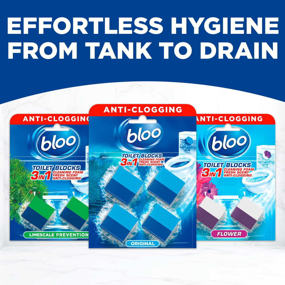Bloo New 3in1 Toilet Blocks, Pack of 2, Toilet Limescale Remover Cistern Block, Toilet Cleaner Block with Cleaning and Foaming Action, Toilet Fresheners - Limescale Prevention