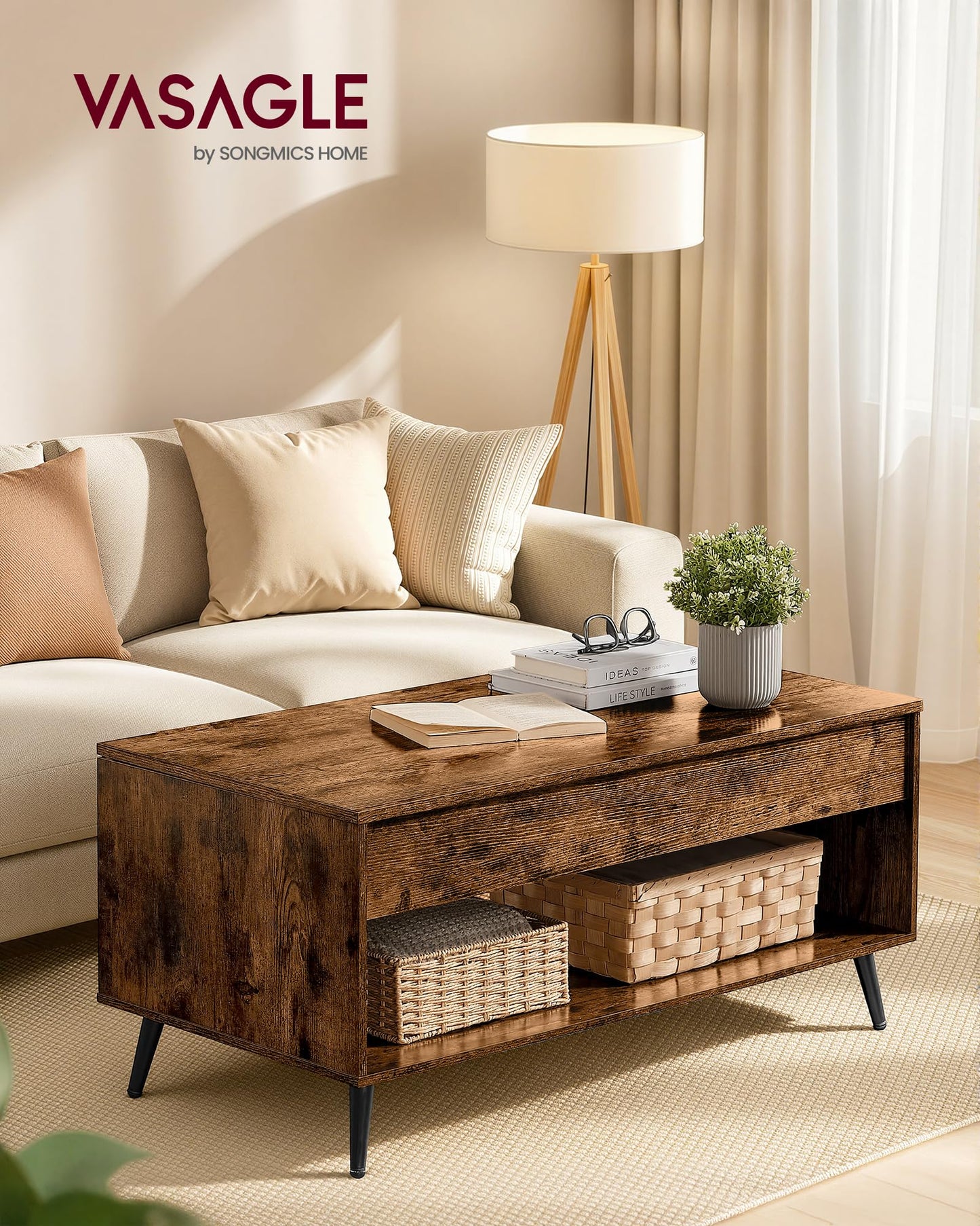 VASAGLE Lift Top Coffee Table, Lift Tabletop Dining Table, Gas Spring, Hidden Compartment, Open Storage Shelf, for Living Room, Home Office, Rustic Brown and Matte Black LCT267KD01