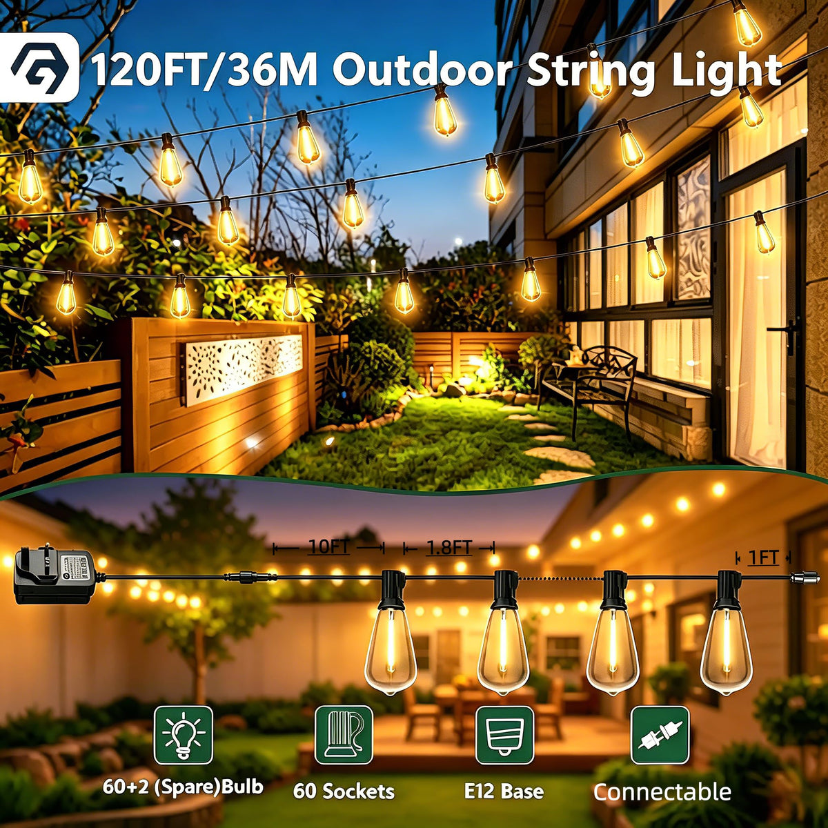 GPATIO Garden Lights, 30FT/9M LED Festoon Lights with 16 Shatterproof Bulbs