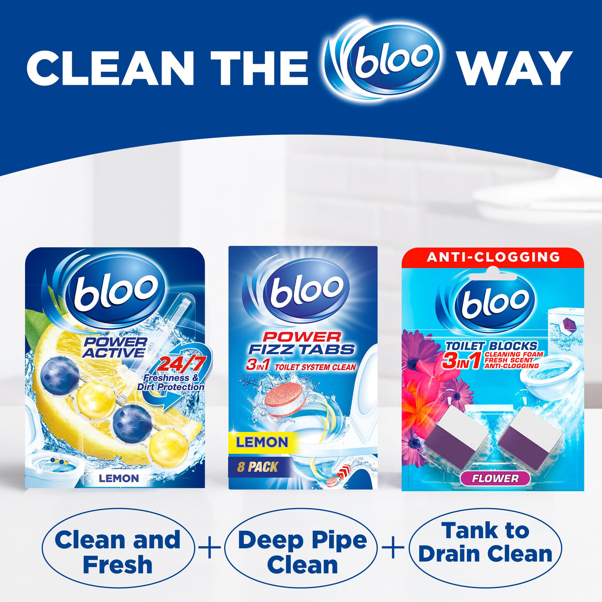 Bloo New 3in1 Toilet Blocks, Pack of 2, Toilet Limescale Remover Cistern Block, Toilet Cleaner Block with Cleaning and Foaming Action, Toilet Fresheners - Limescale Prevention