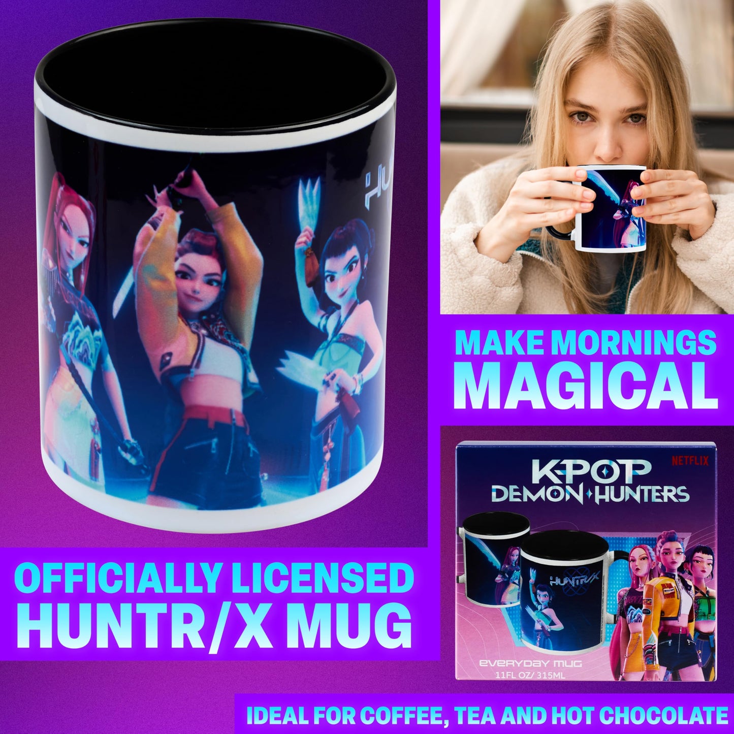 KPop Demon Hunters Official Huntrix Mug, 11oz Ceramic Cup for Girls, Teens & Adults, Rumi Mira Zoey Tea Coffee Cup, Gifts for Her (Black Huntrix)