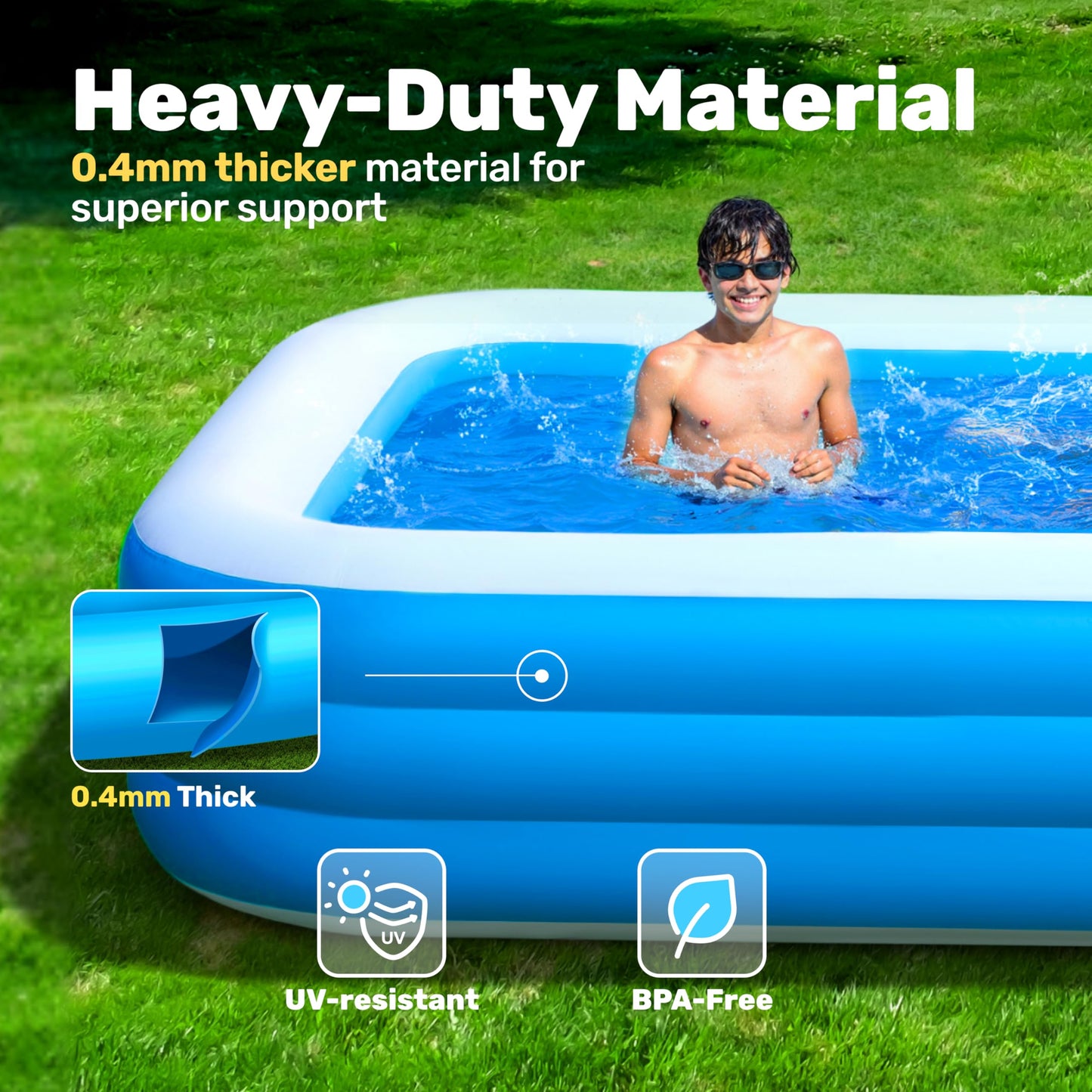 Sloosh Inflatable Swimming Pool for Adults with Seats, 304.8 x 182.8 x 55.8cm Full-Sized Blow Up Durable Thickened Above Ground Family Pool, Large Paddling Pool for Summer Water Party Garden Lawn,Blue