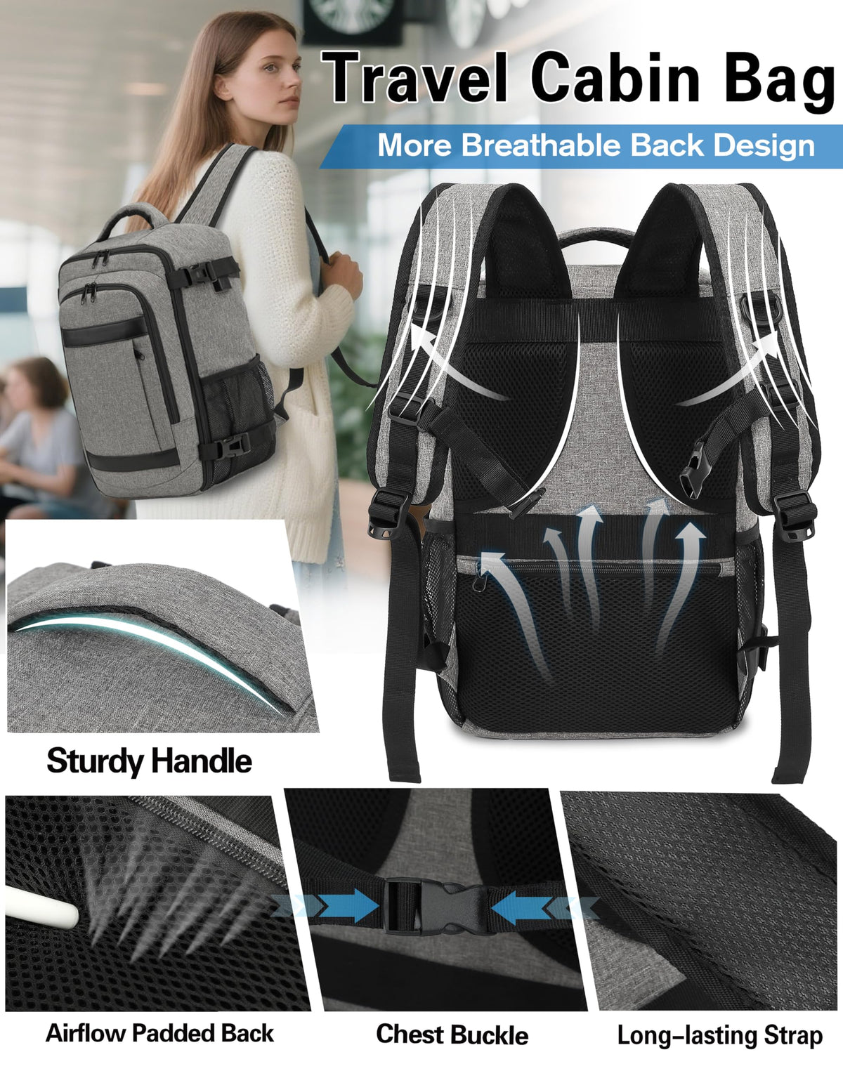KLOSTAIN Cabin Bags 40x20x25 for Ryanair Underseat Travel Backpack Hand Luggage Carry-ons Bag Cabin Size 20L for Airplanes Flight Ruscksack Black