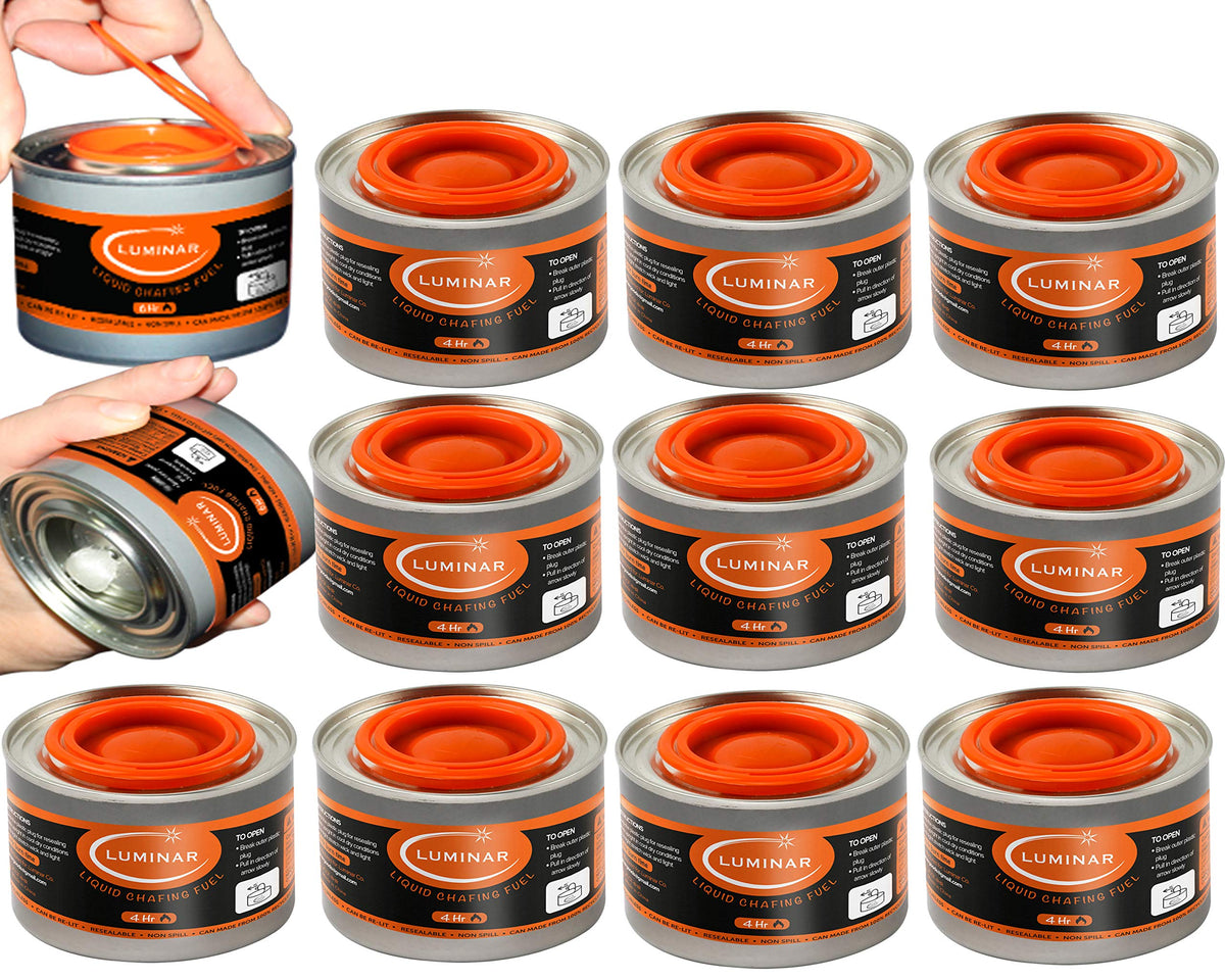 Luminar Resealable-Wick Chafing Fuel Cans, 24 Pack, 6 Hour - Premium Quality Burners for Food Warmers - No More Spills, Waste, or Hassle - Perfect for Convenient, and Long-Lasting Event Catering