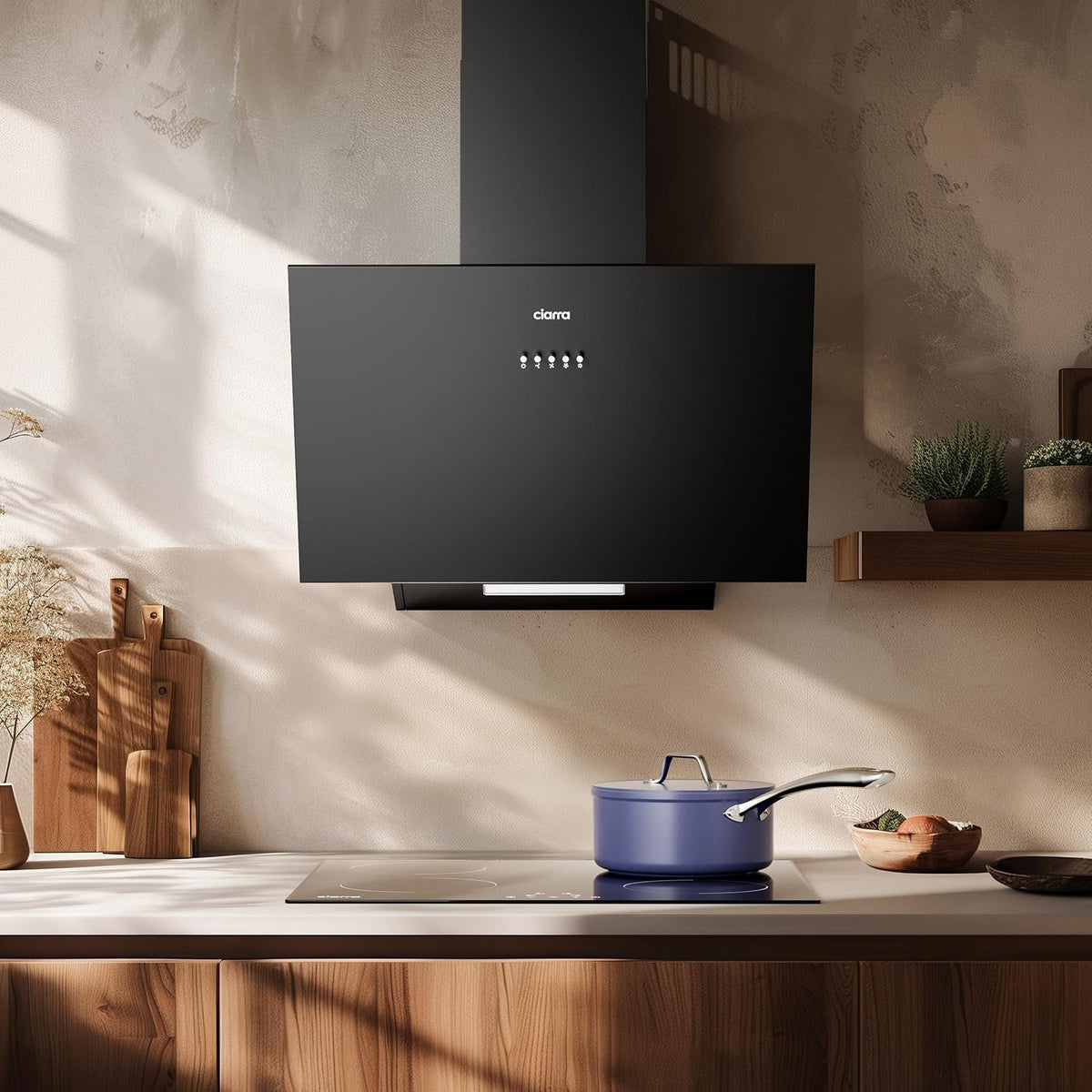 CIARRA CBCB6736C Angled Cooker Hood 60cm with CBCF002X2 Carbon Filters Recirculating & Ducting LED Lights Black Painting&Tempered Glass Wall Mounted Range Hood 600mm Kitchen Extractor Fan