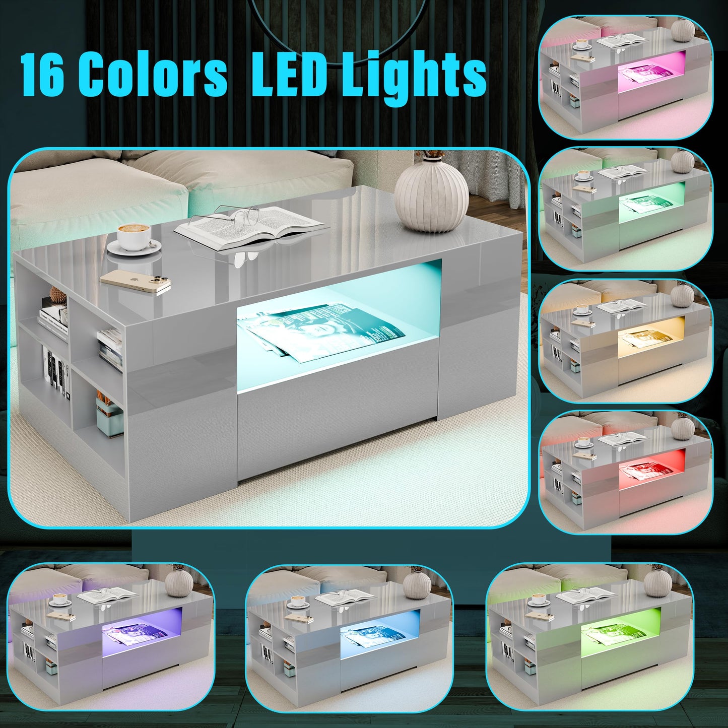 Blisswood Led Coffee Table with 2 Drawer Storage, High Gloss Coffee Table for Living Room Wooden Centre Table with RGB Led Lights Rectangle Tea Table for Living Room Furniture, Black