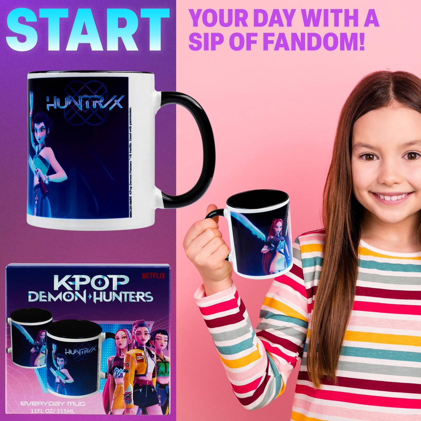 KPop Demon Hunters Official Huntrix Mug, 11oz Ceramic Cup for Girls, Teens & Adults, Rumi Mira Zoey Tea Coffee Cup, Gifts for Her (Black Huntrix)